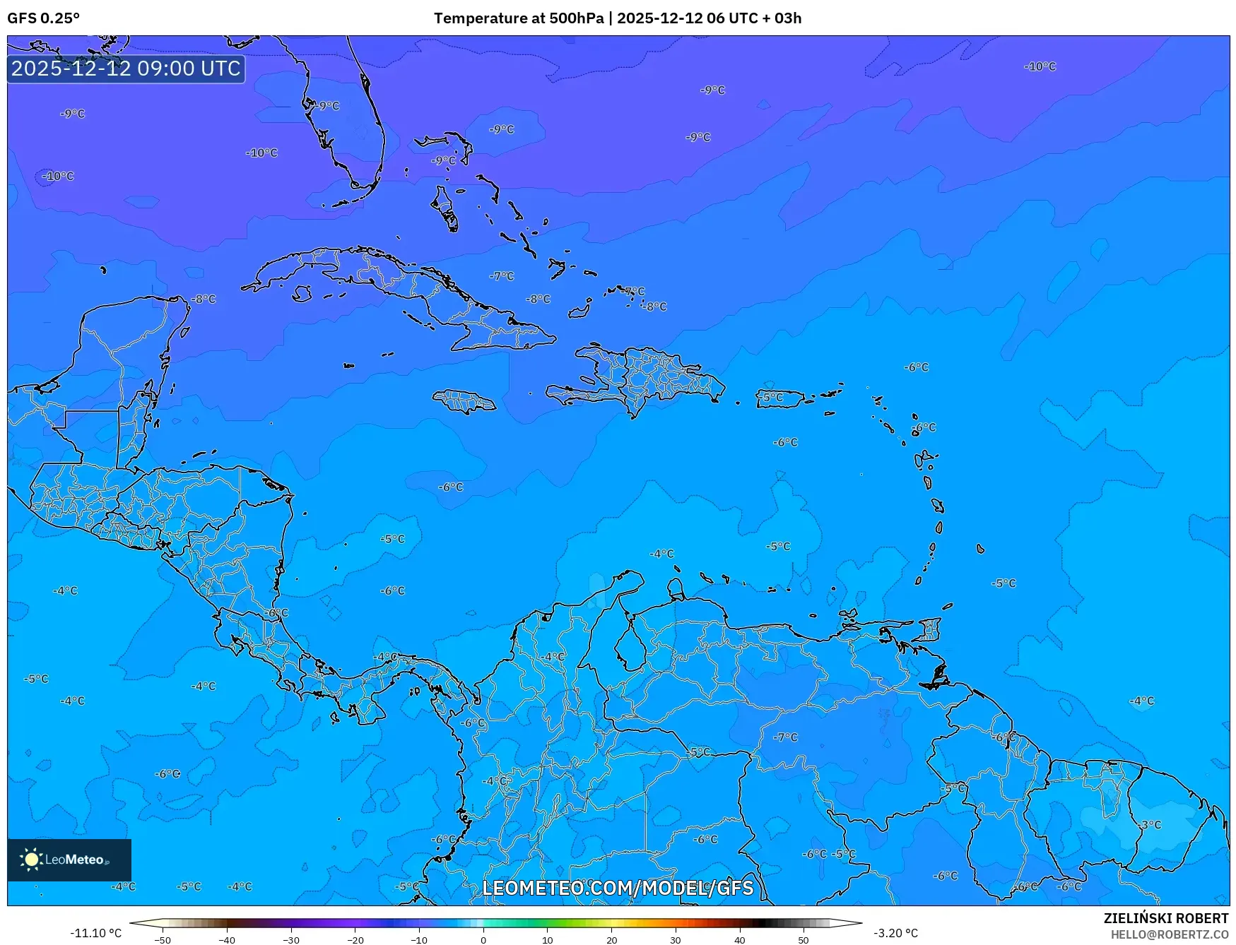 GFS model - Karibia, Suhu 500 hPa