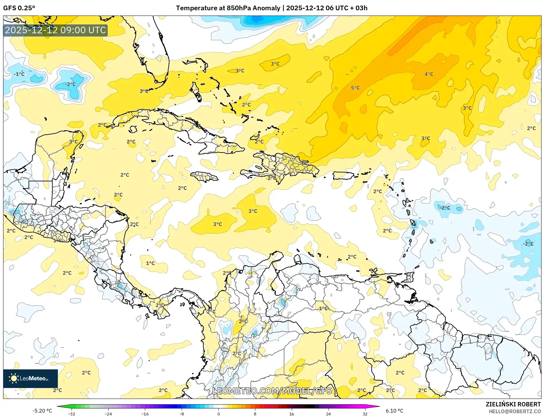 GFS model - Karibia, Anomali Suhu 850 hPa