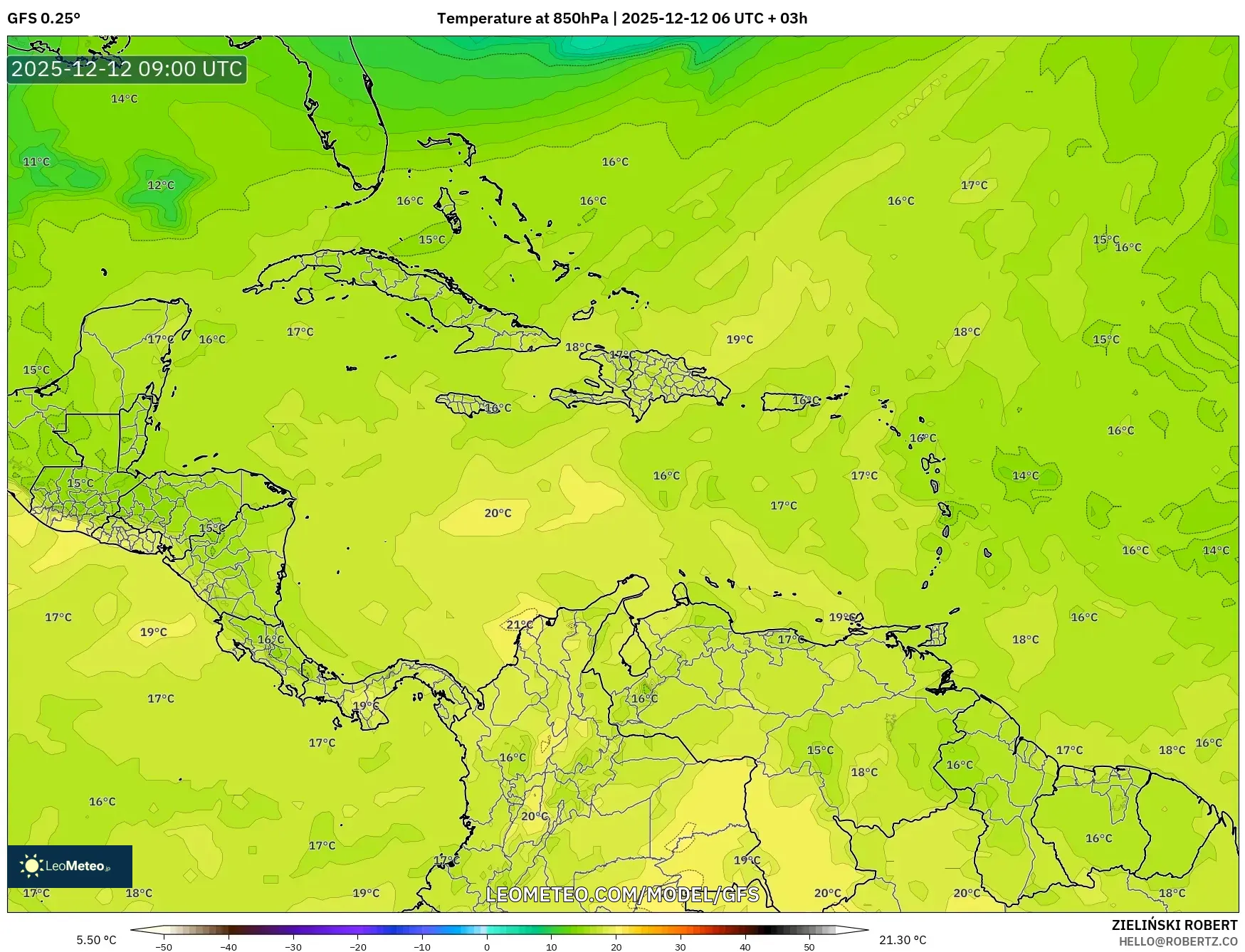 GFS model - Karibia, Suhu 850 hPa