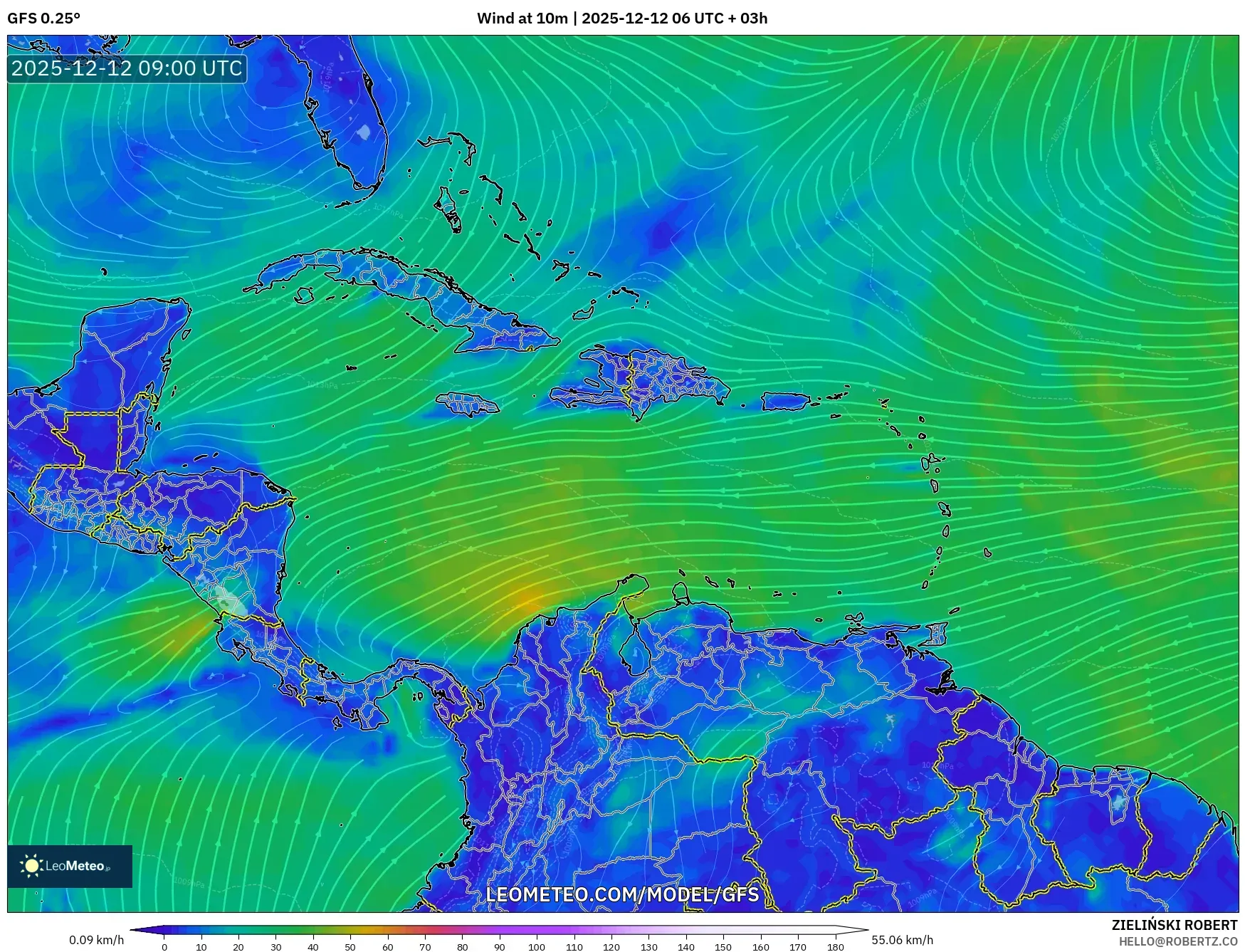 GFS model - Karibia, Angin 10 m