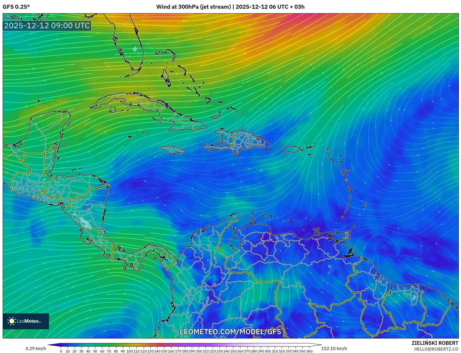 GFS model - Karibia, Angin 300 hPa (aliran jet)