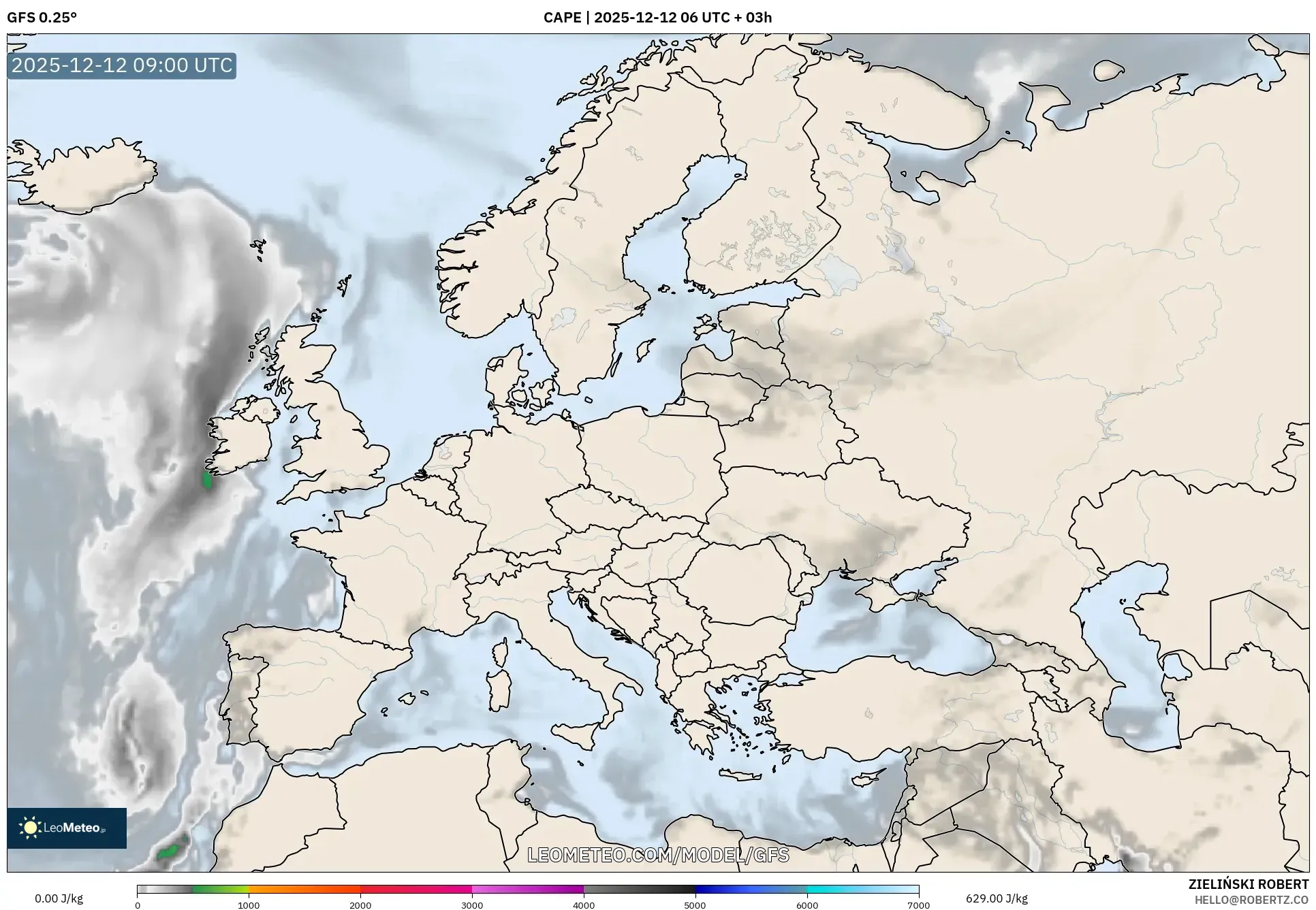 GFS model - Eropah, CAPE