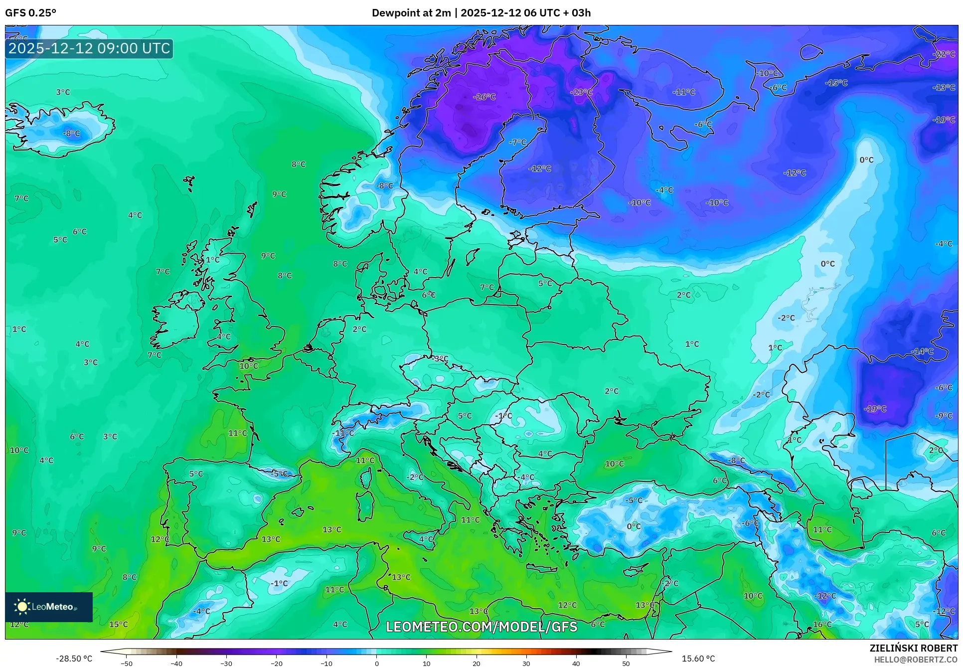 GFS model - Eropah, Takat Embun 2 m