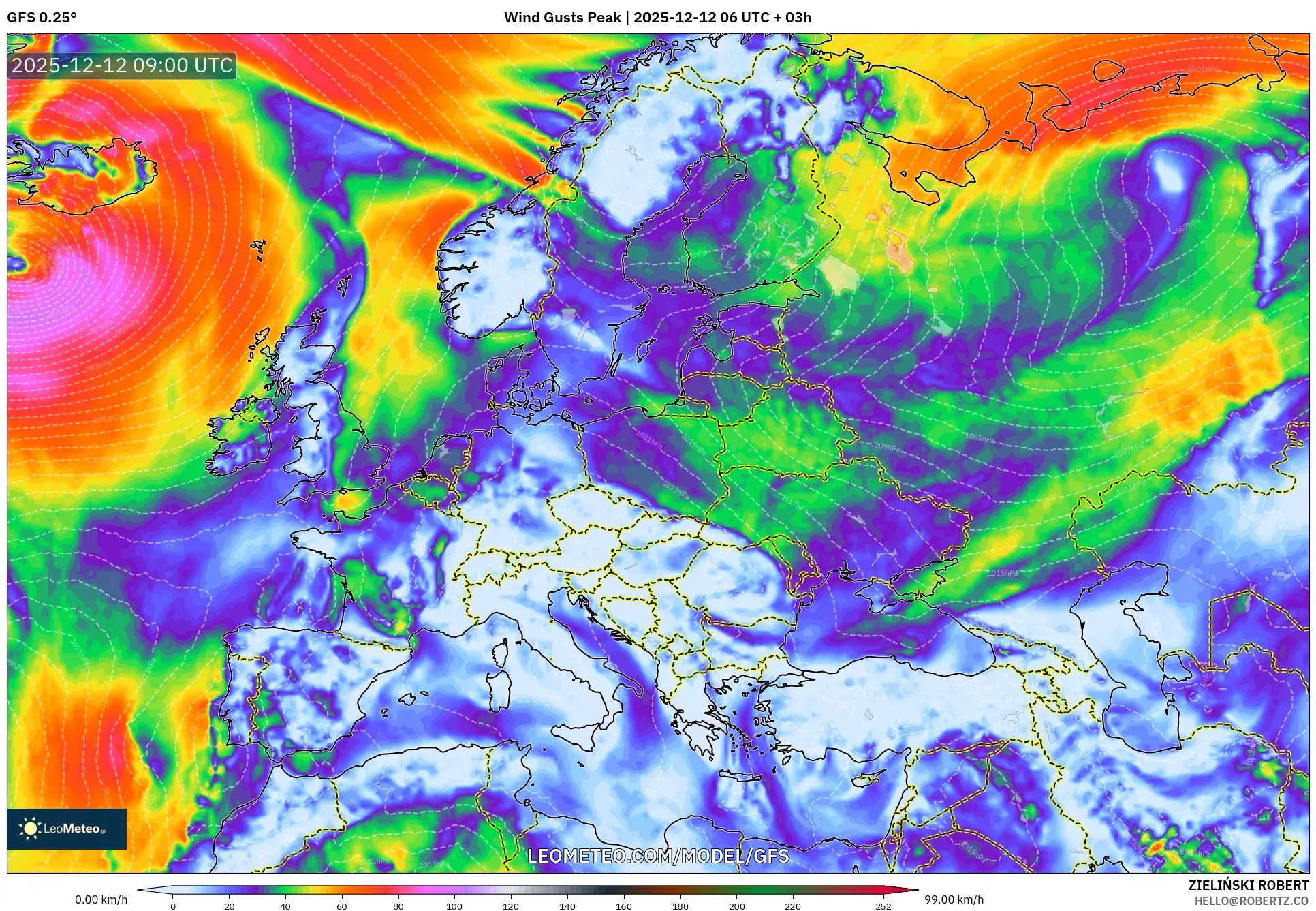 GFS model - Eropah, Hembusan Tertinggi