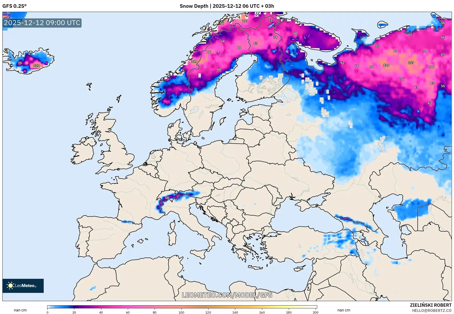 GFS model - Eropah, Ketebalan Salji