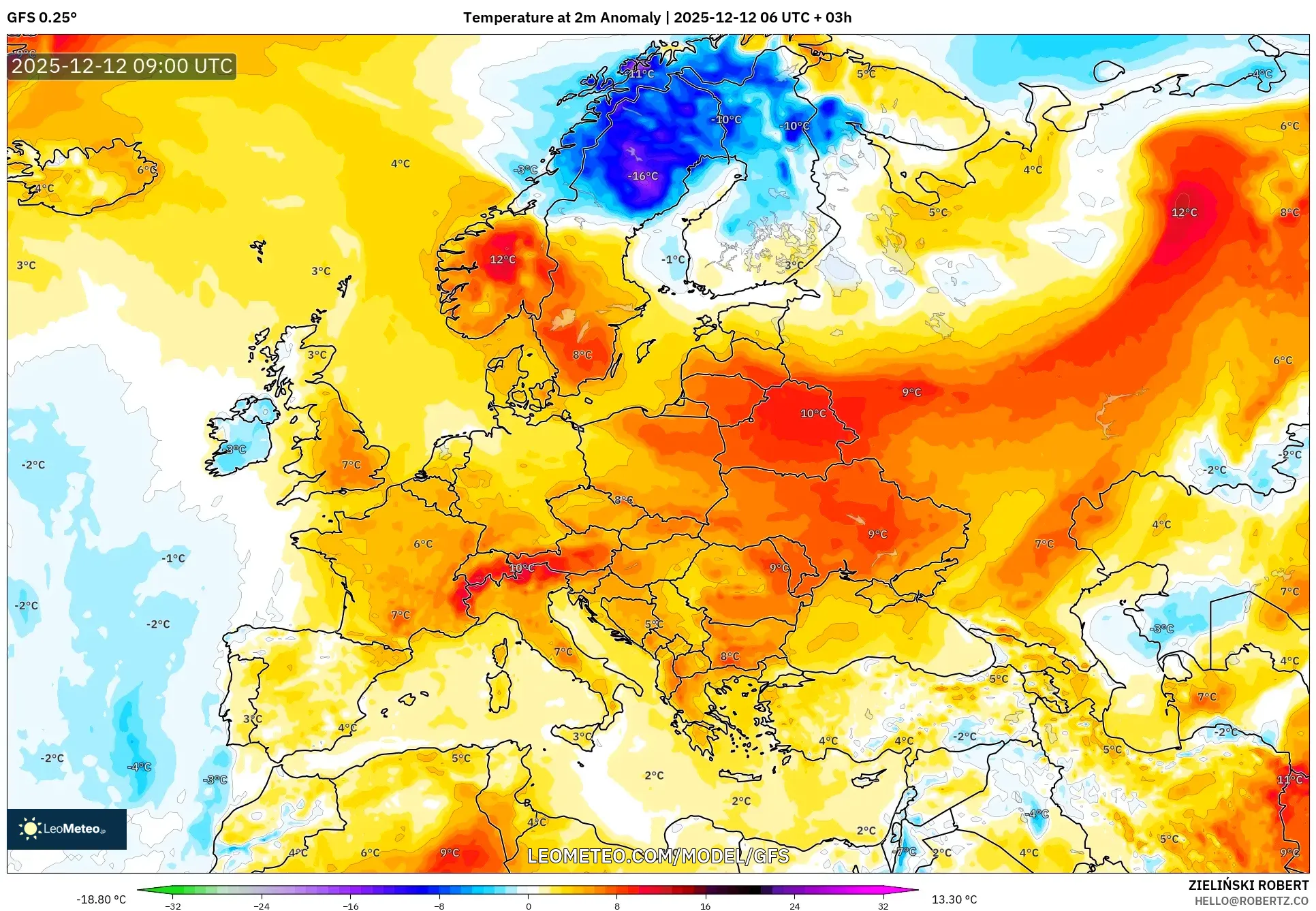 GFS model - Eropah, Anomali Suhu 2 m
