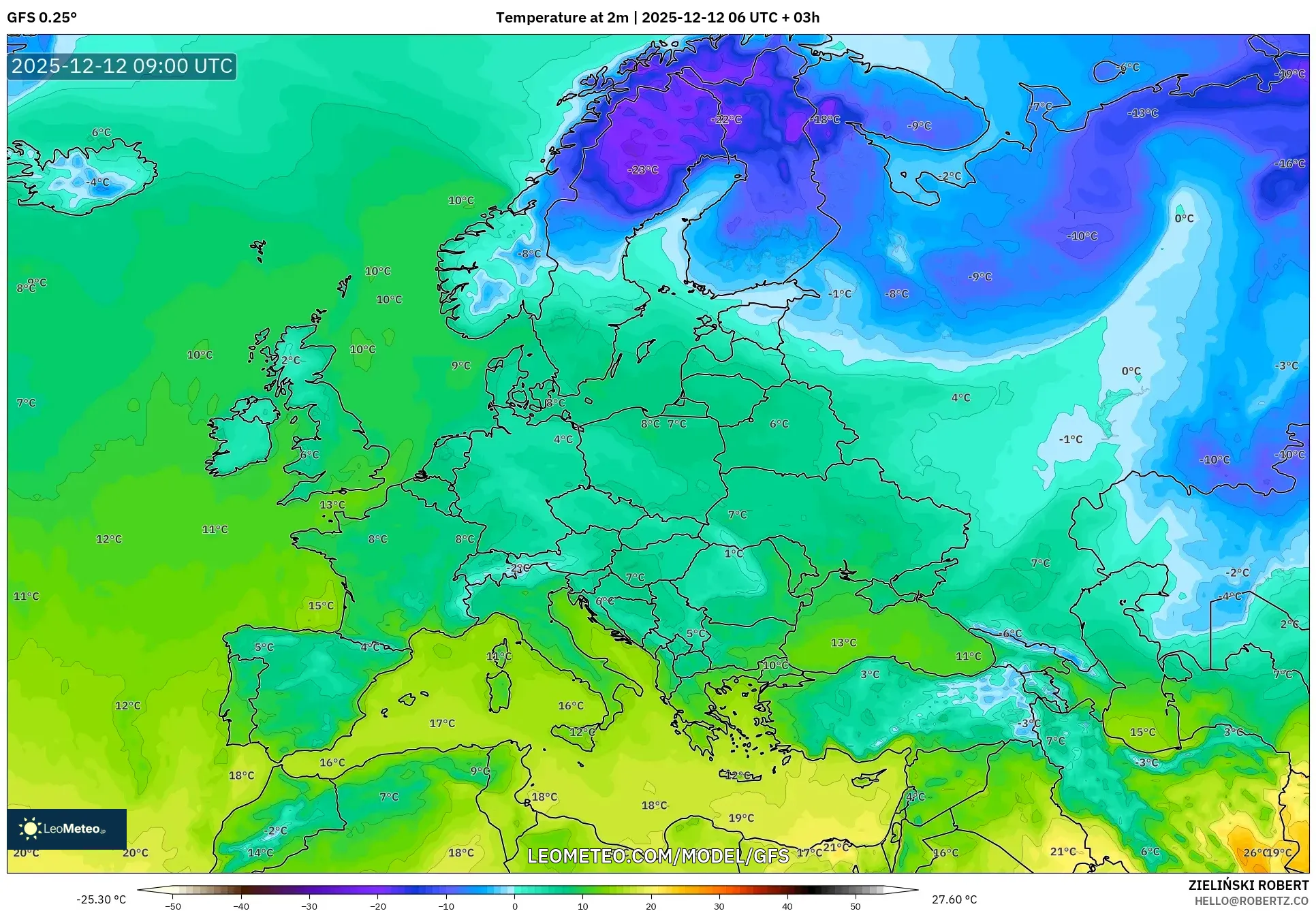 GFS model - Eropah, Suhu pada 2 m