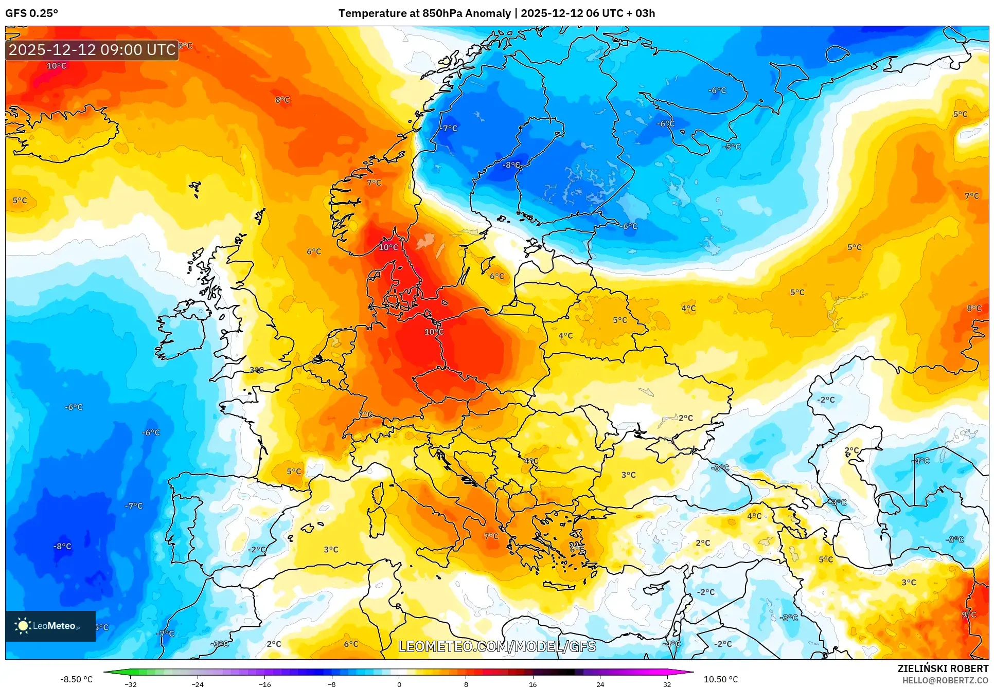 GFS model - Eropah, Anomali Suhu 850 hPa