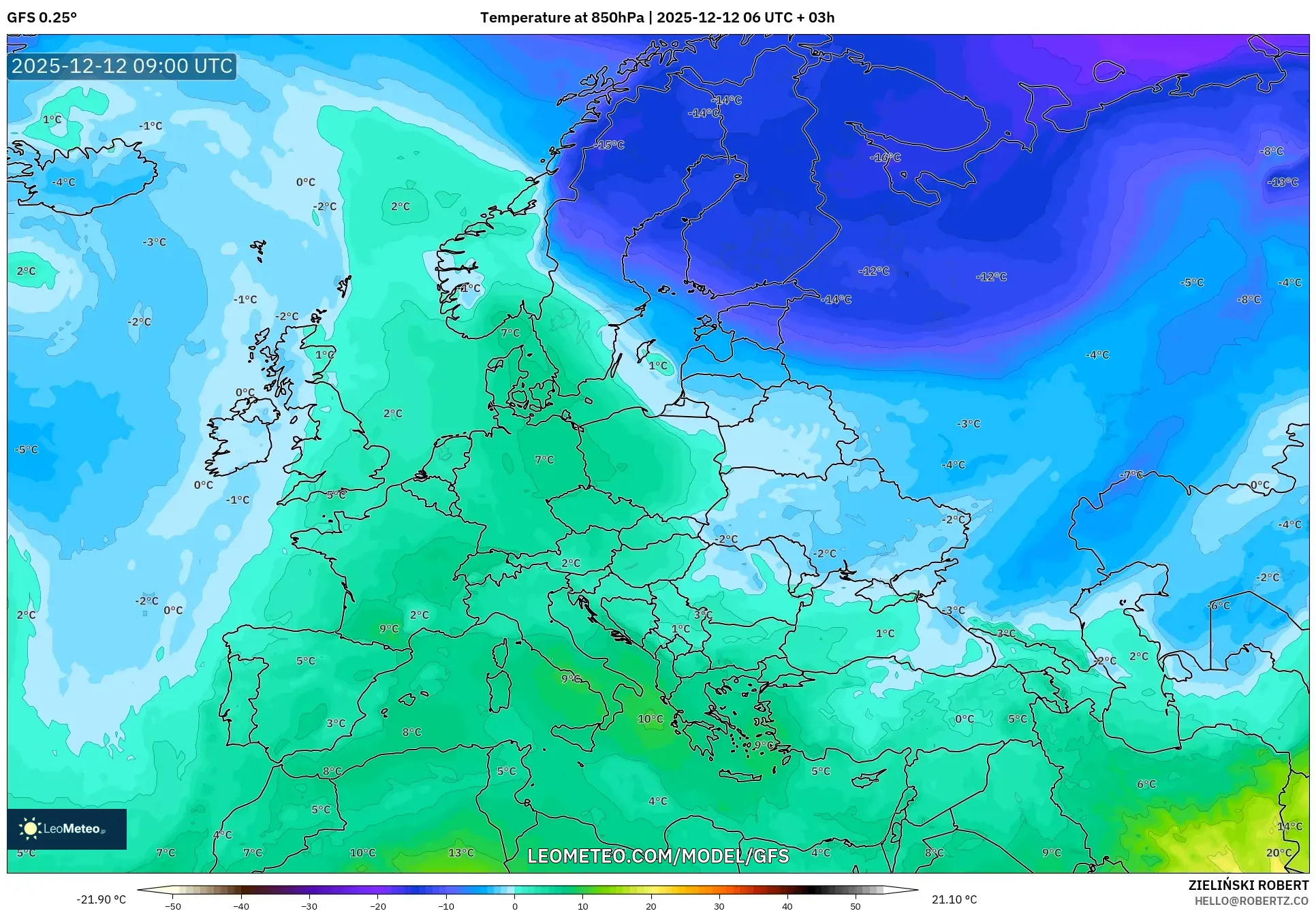 GFS model - Eropah, Suhu 850 hPa