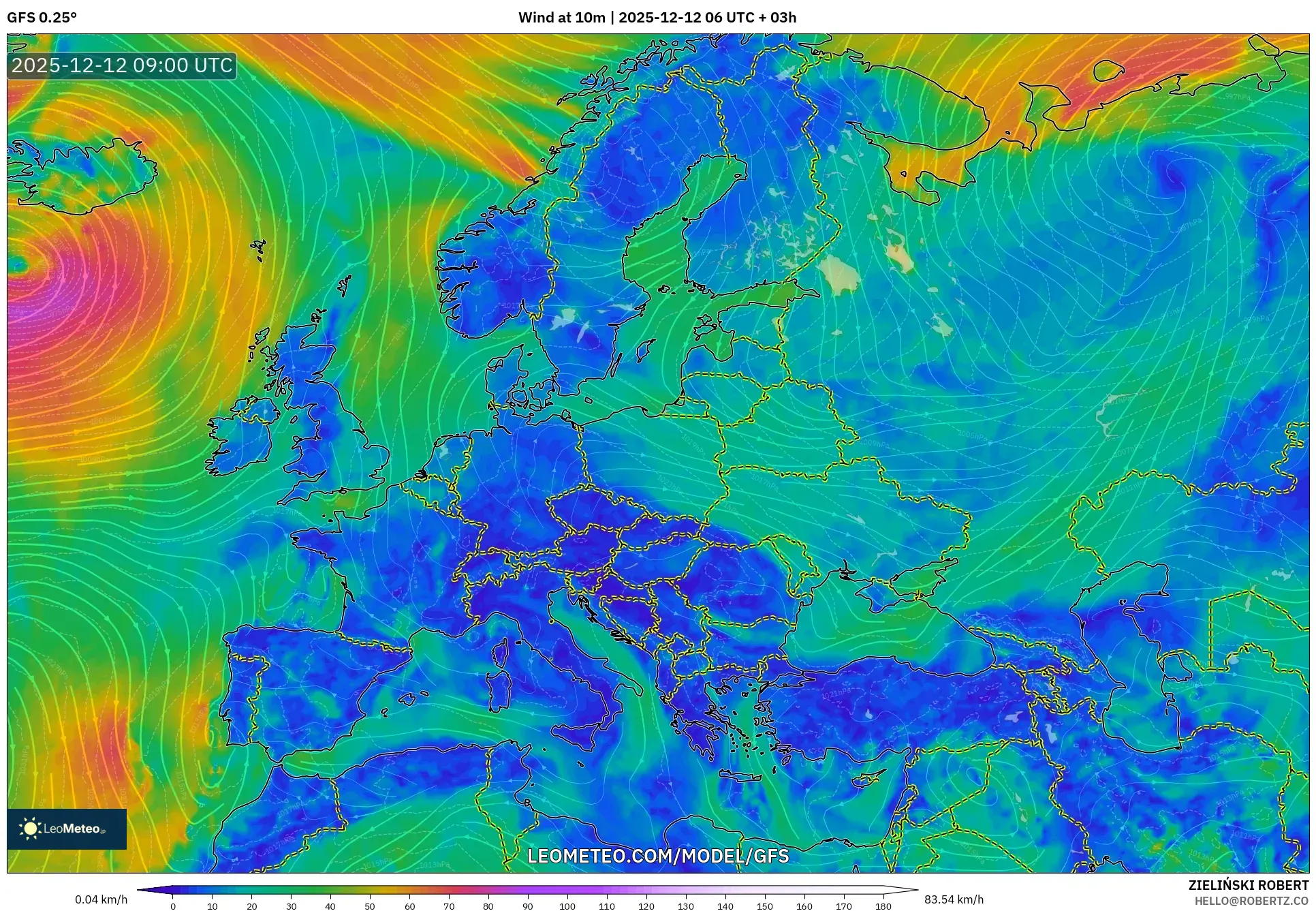 GFS model - Eropah, Angin 10 m