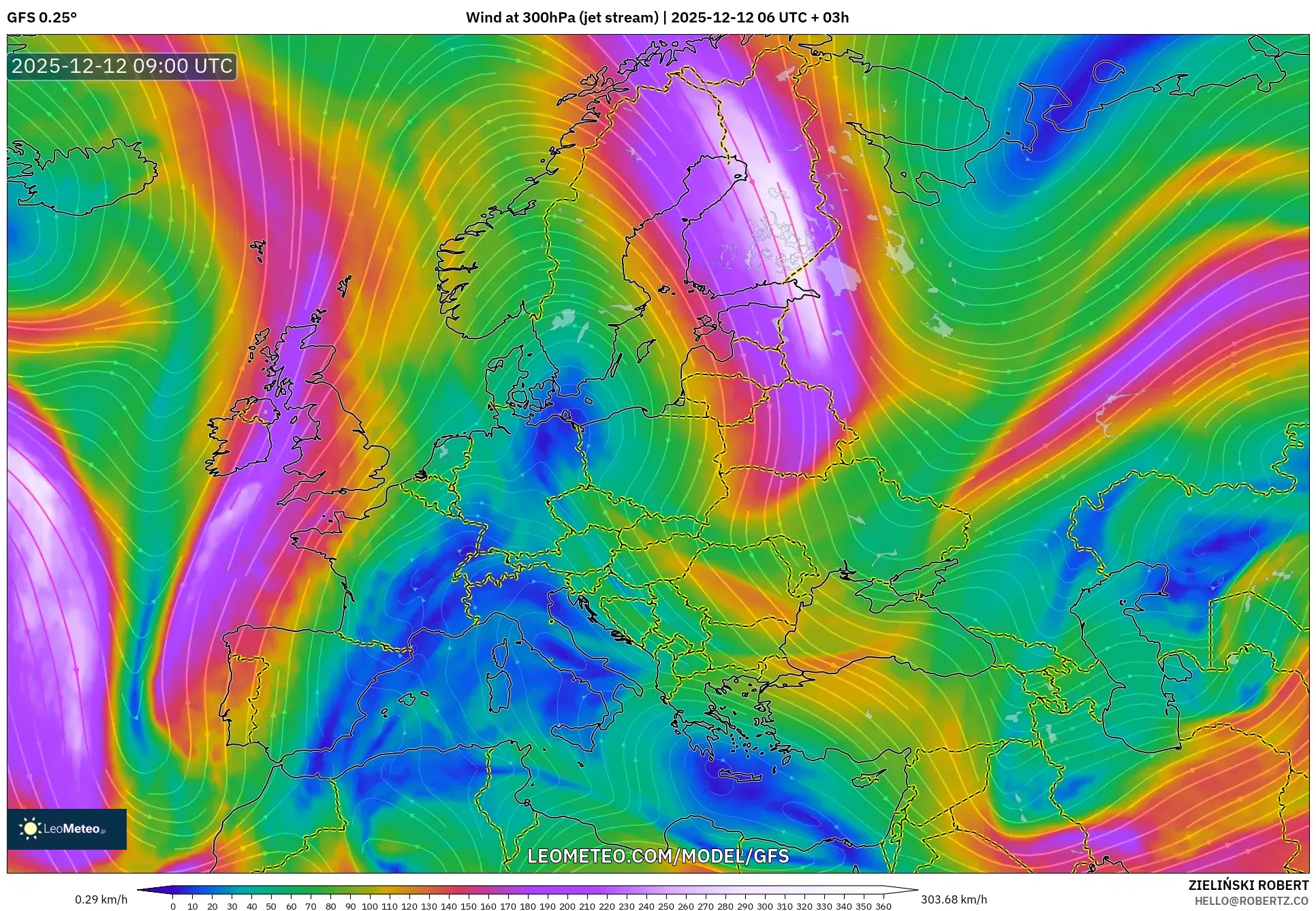 GFS model - Eropah, Angin 300 hPa (aliran jet)