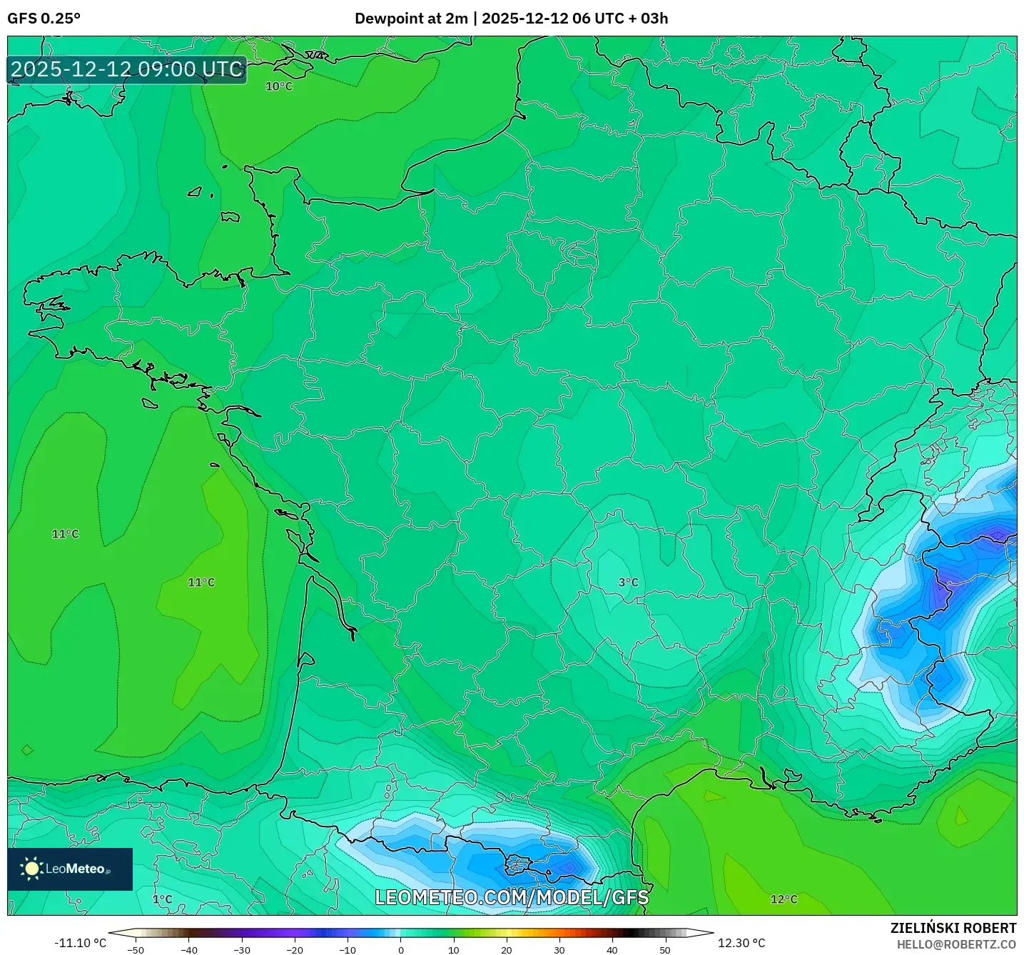 GFS model - Perancis, Takat Embun 2 m