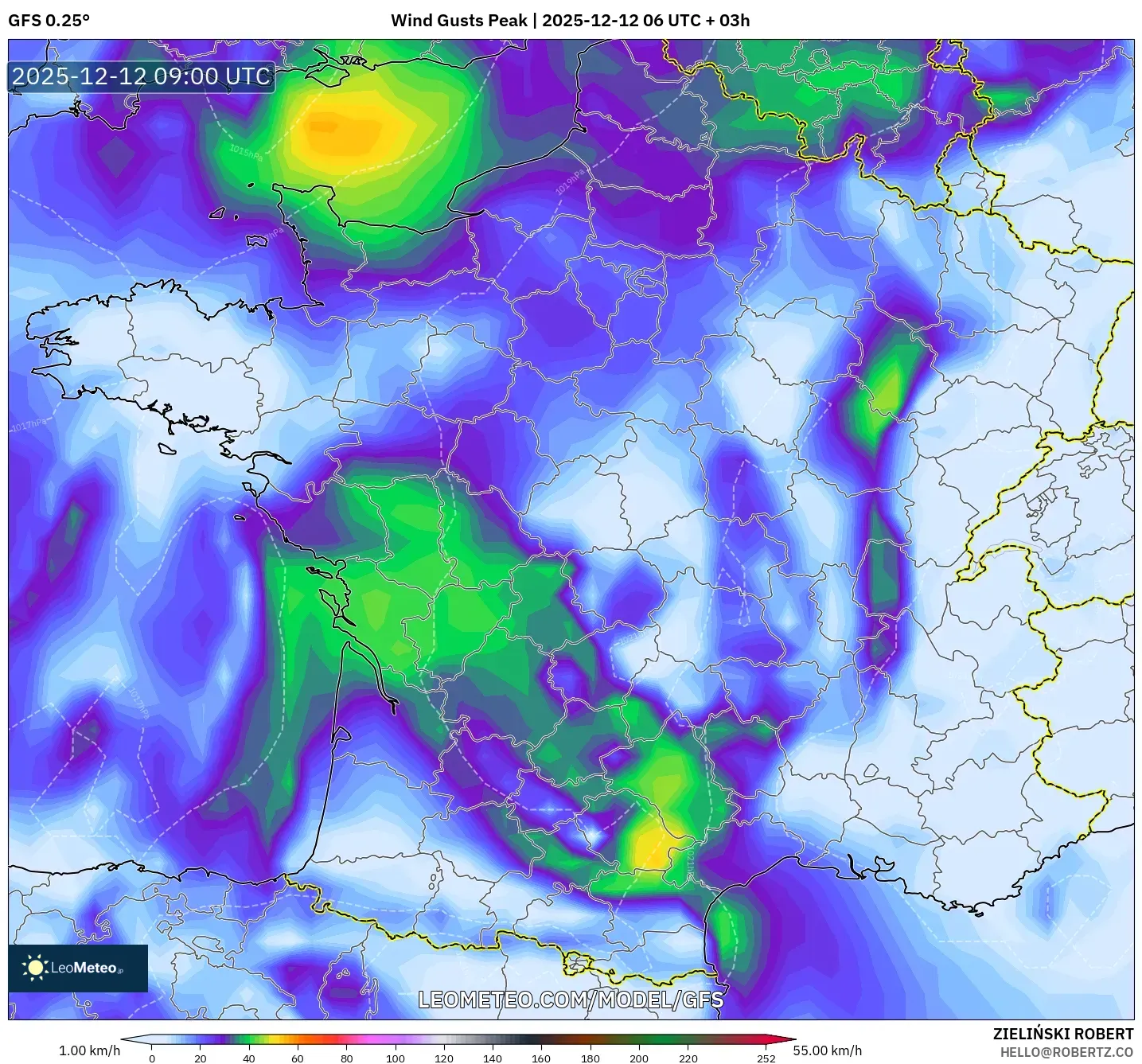GFS model - Perancis, Hembusan Tertinggi