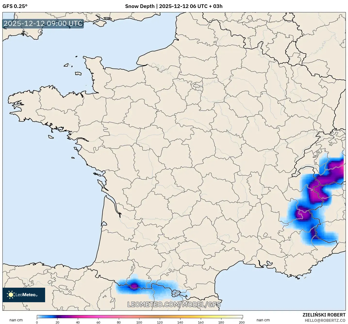 GFS model - Perancis, Ketebalan Salji