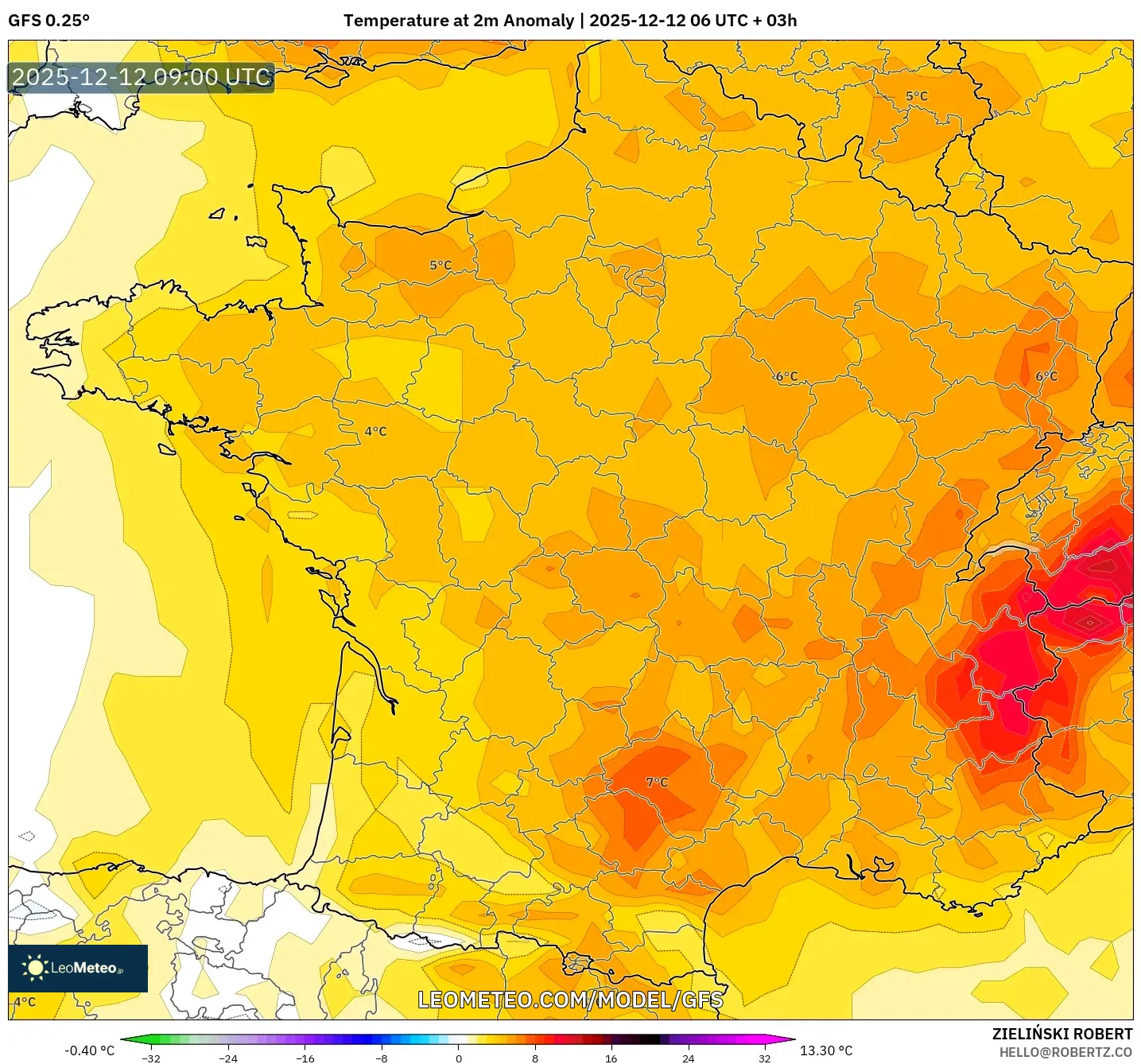 GFS model - Perancis, Anomali Suhu 2 m