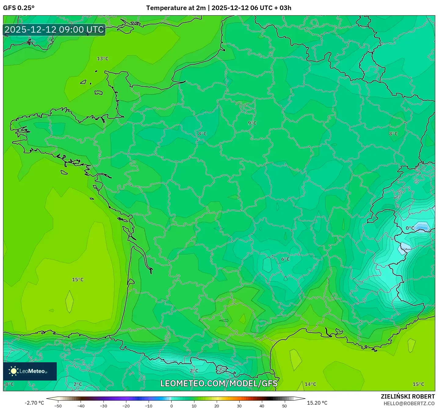 GFS model - Perancis, Suhu pada 2 m