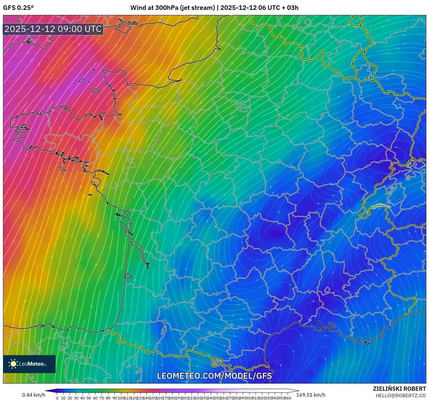 GFS model - Perancis, Angin 300 hPa (aliran jet)