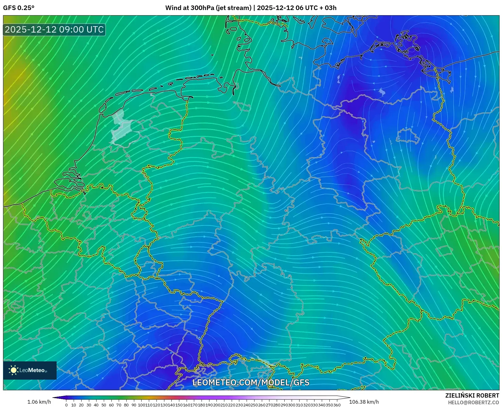 GFS model - Jerman, Angin 300 hPa (aliran jet)