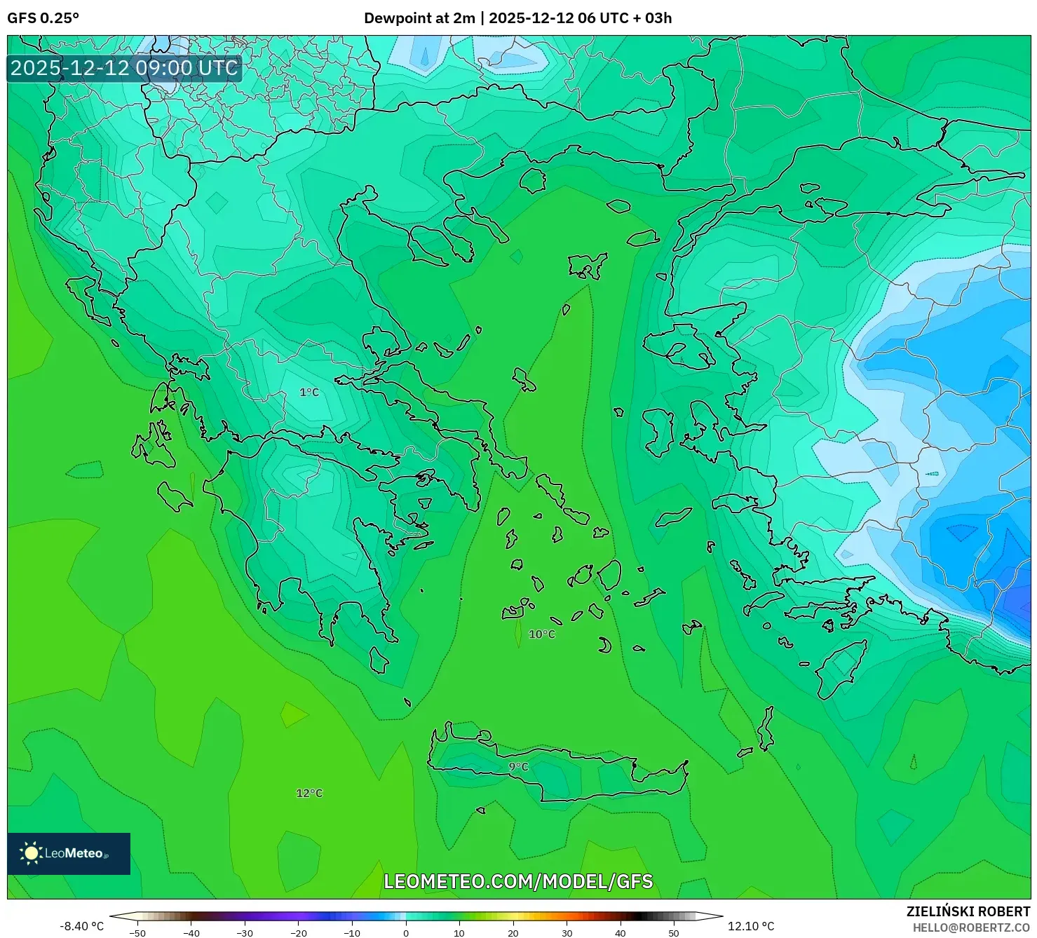 GFS model - Yunani, Takat Embun 2 m