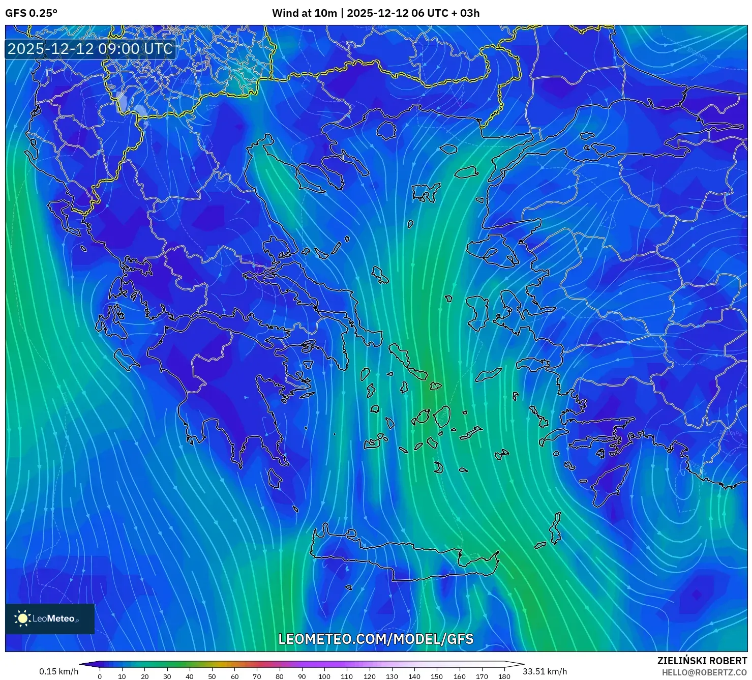 GFS model - Yunani, Angin 10 m
