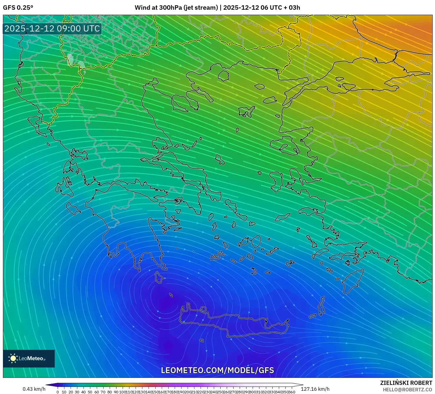 GFS model - Yunani, Angin 300 hPa (aliran jet)