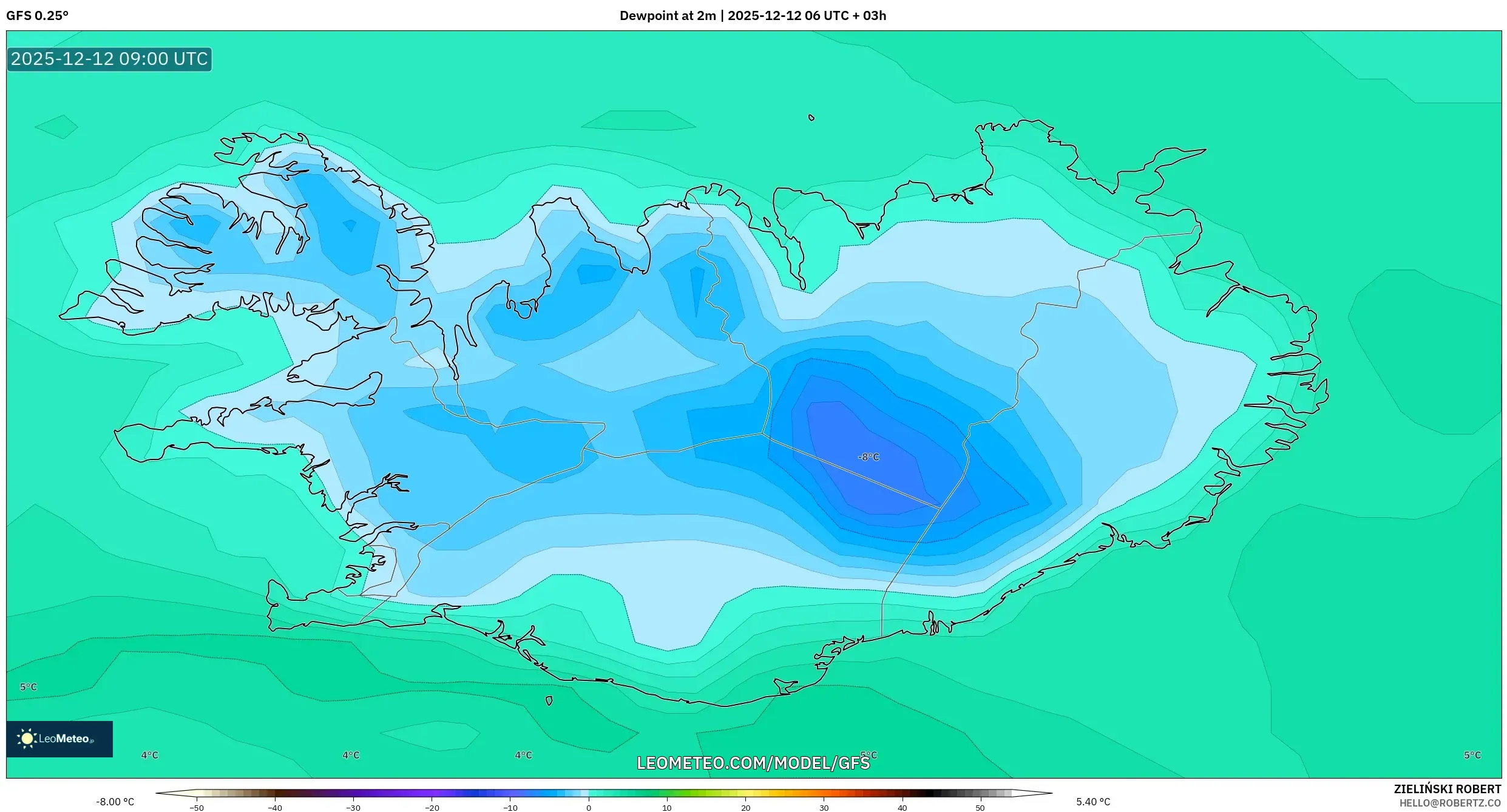 GFS model - Iceland, Takat Embun 2 m