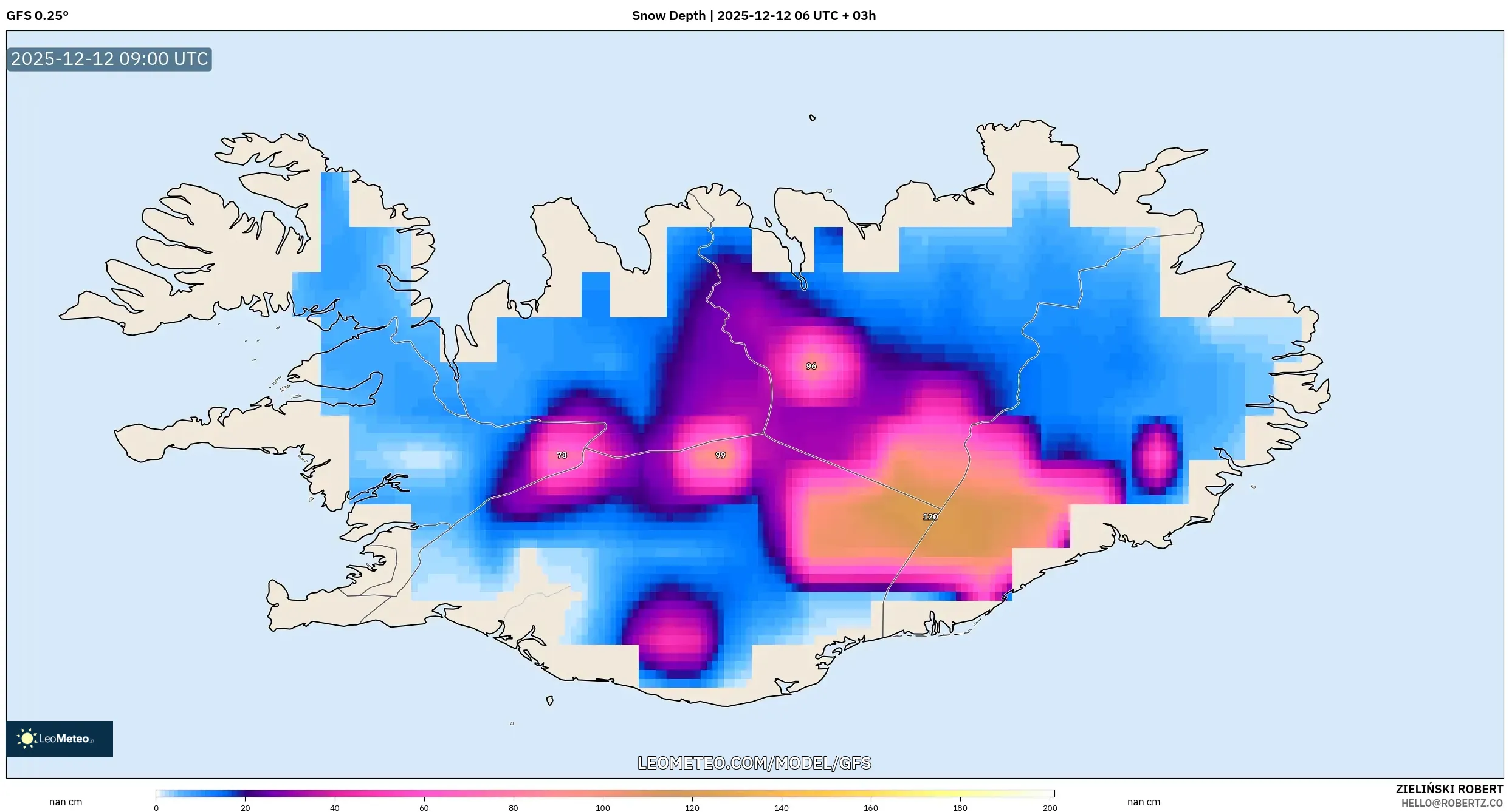 GFS model - Iceland, Ketebalan Salji