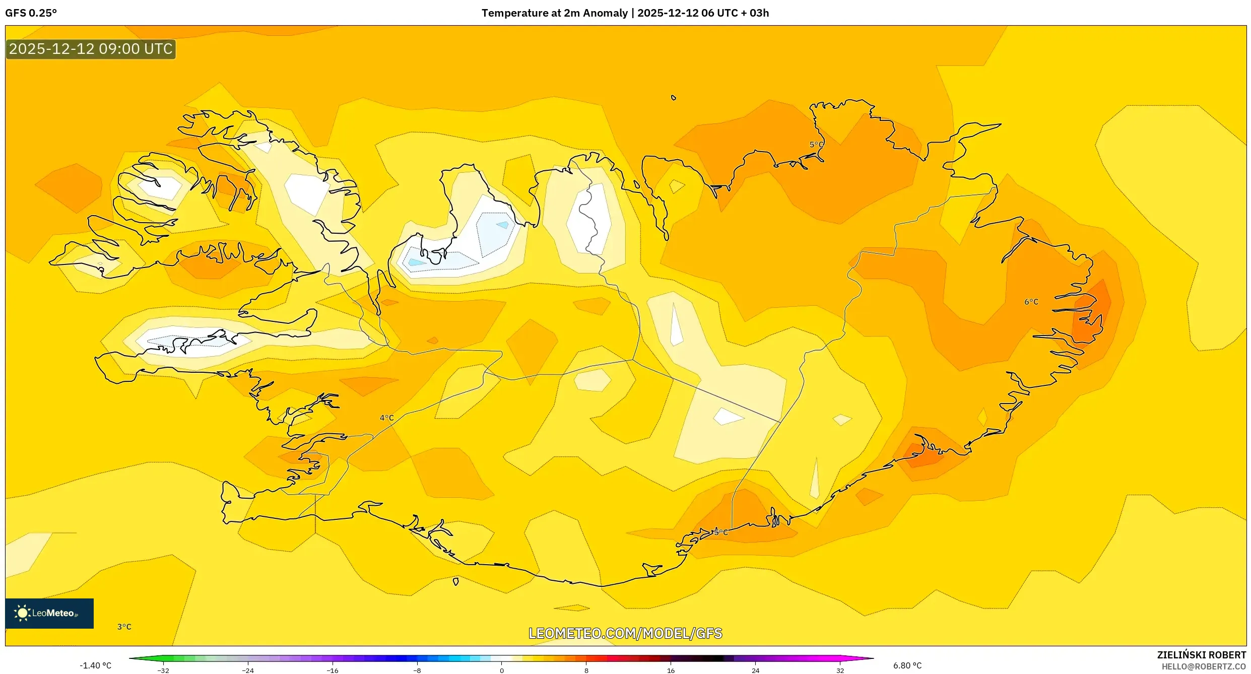 GFS model - Iceland, Anomali Suhu 2 m