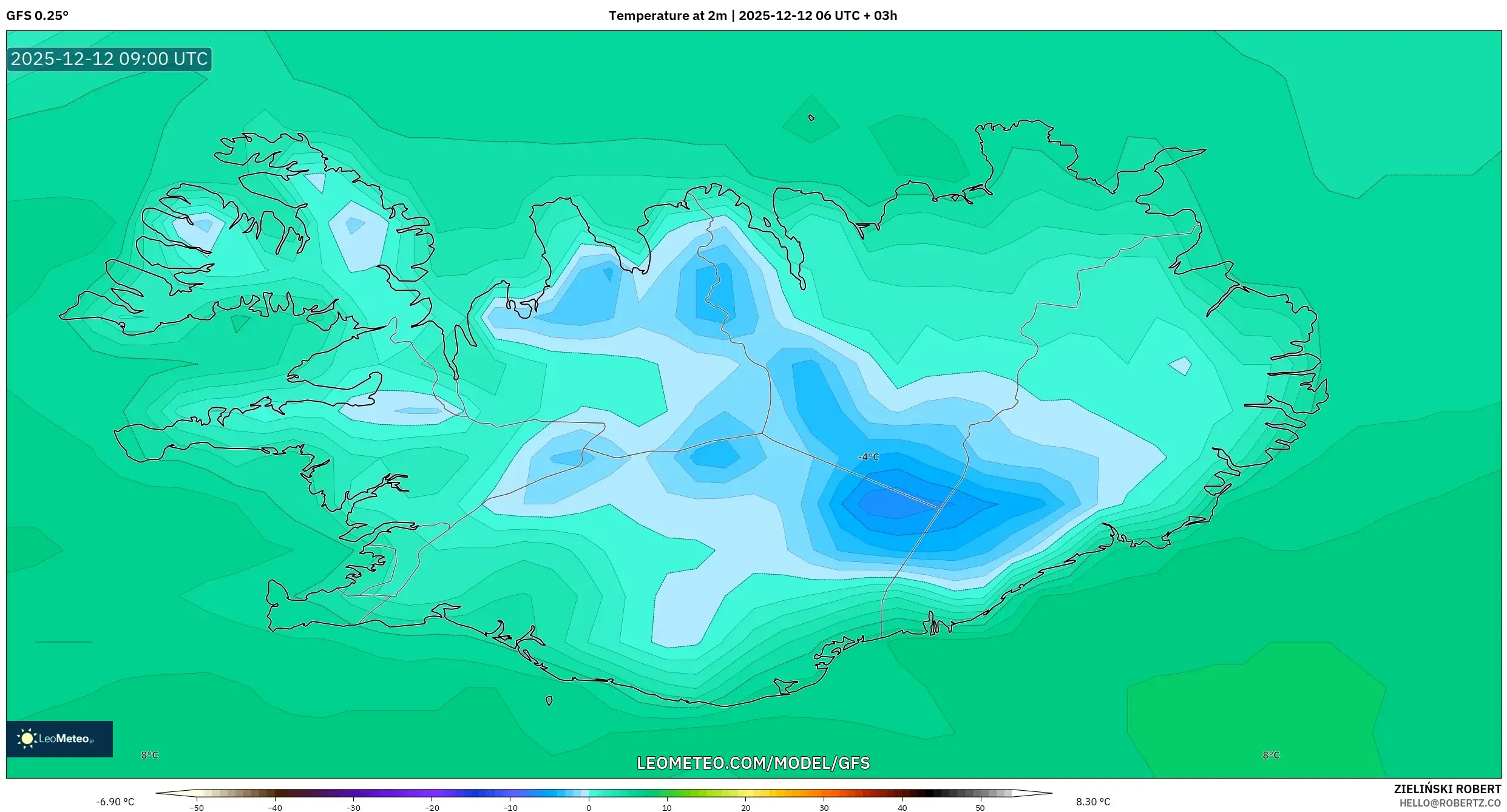 GFS model - Iceland, Suhu pada 2 m
