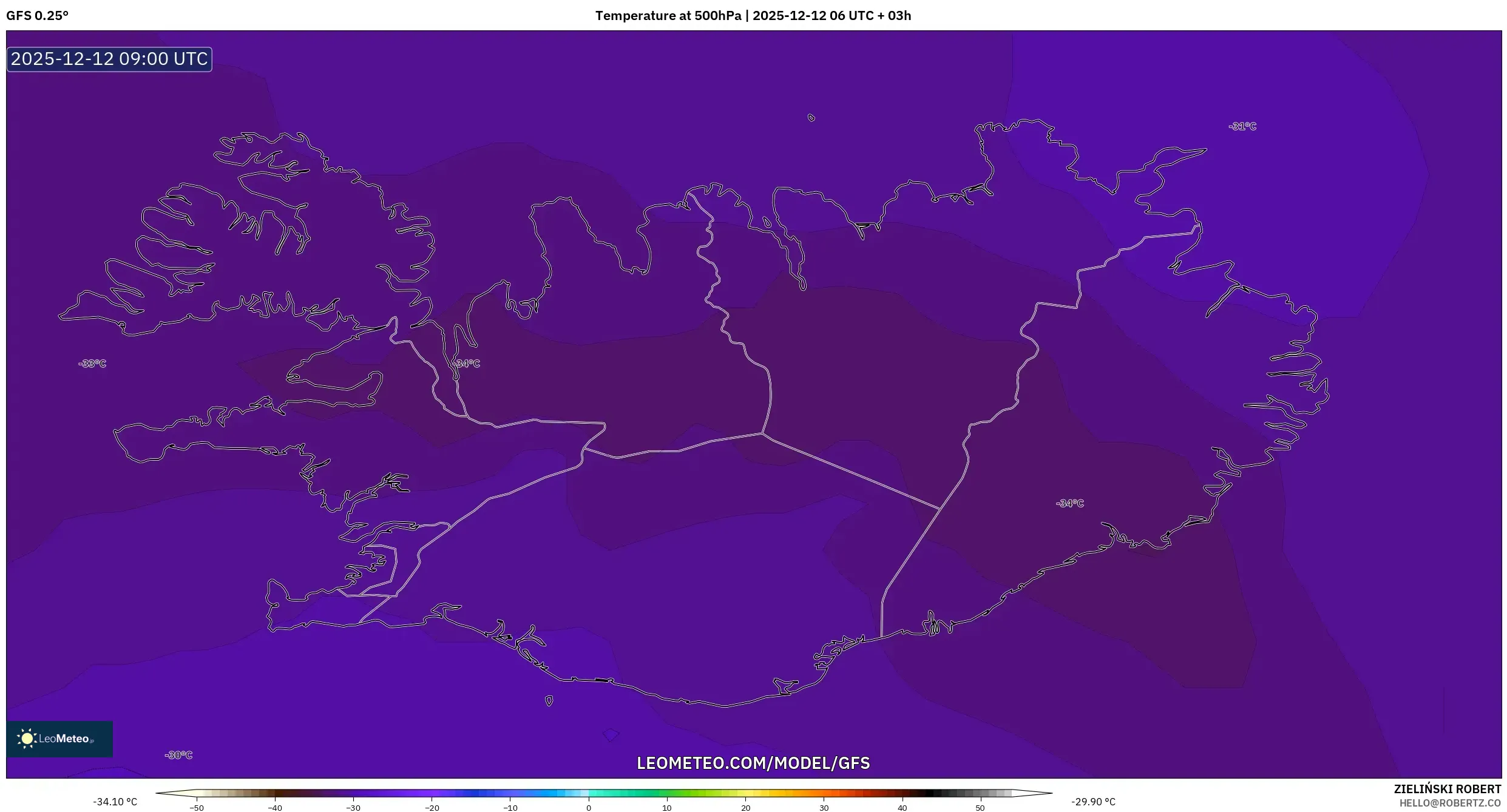 GFS model - Iceland, Suhu 500 hPa