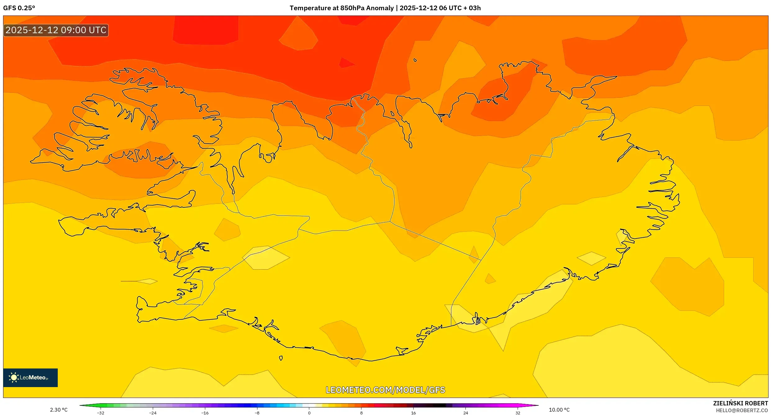 GFS model - Iceland, Anomali Suhu 850 hPa