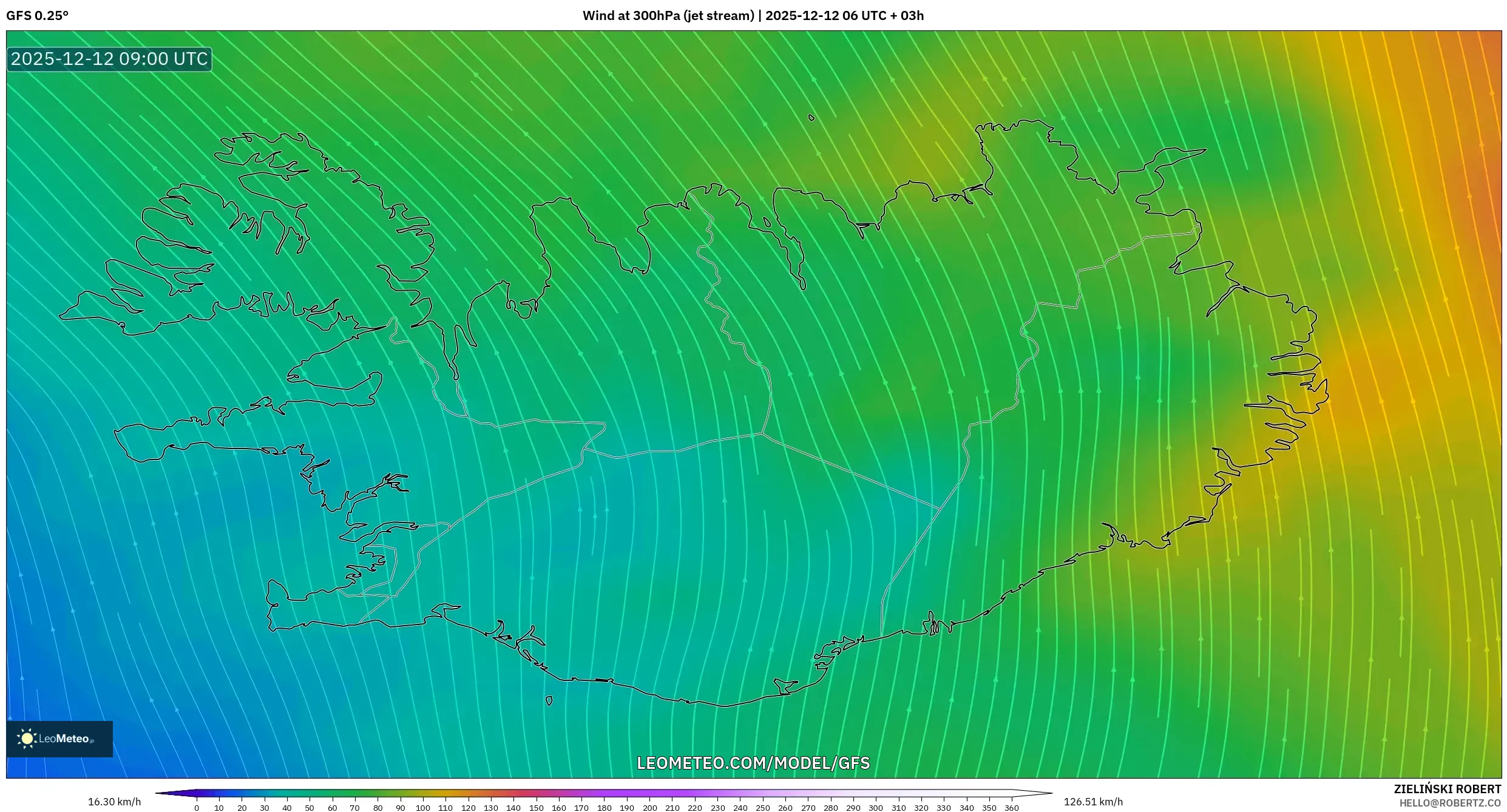 GFS model - Iceland, Angin 300 hPa (aliran jet)