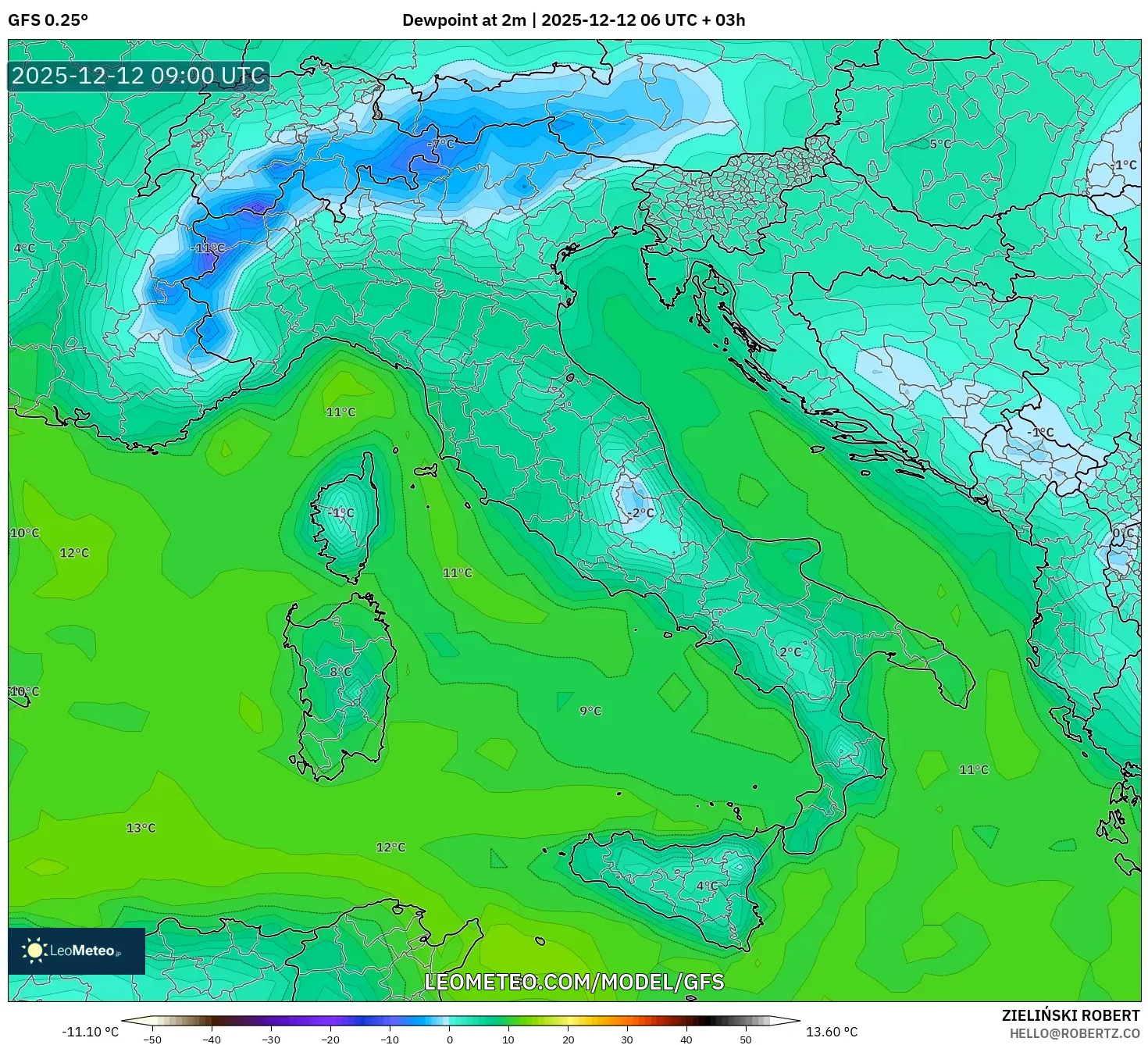 GFS model - Itali, Takat Embun 2 m