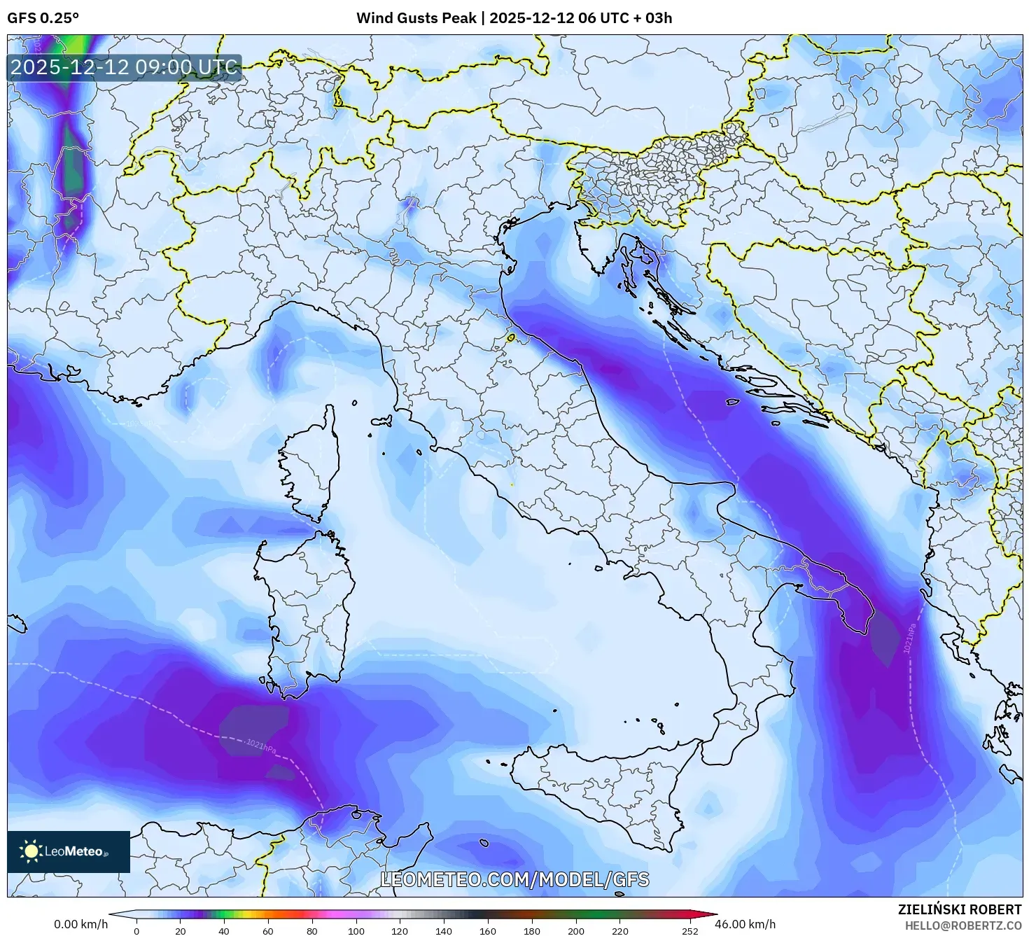 GFS model - Itali, Hembusan Tertinggi