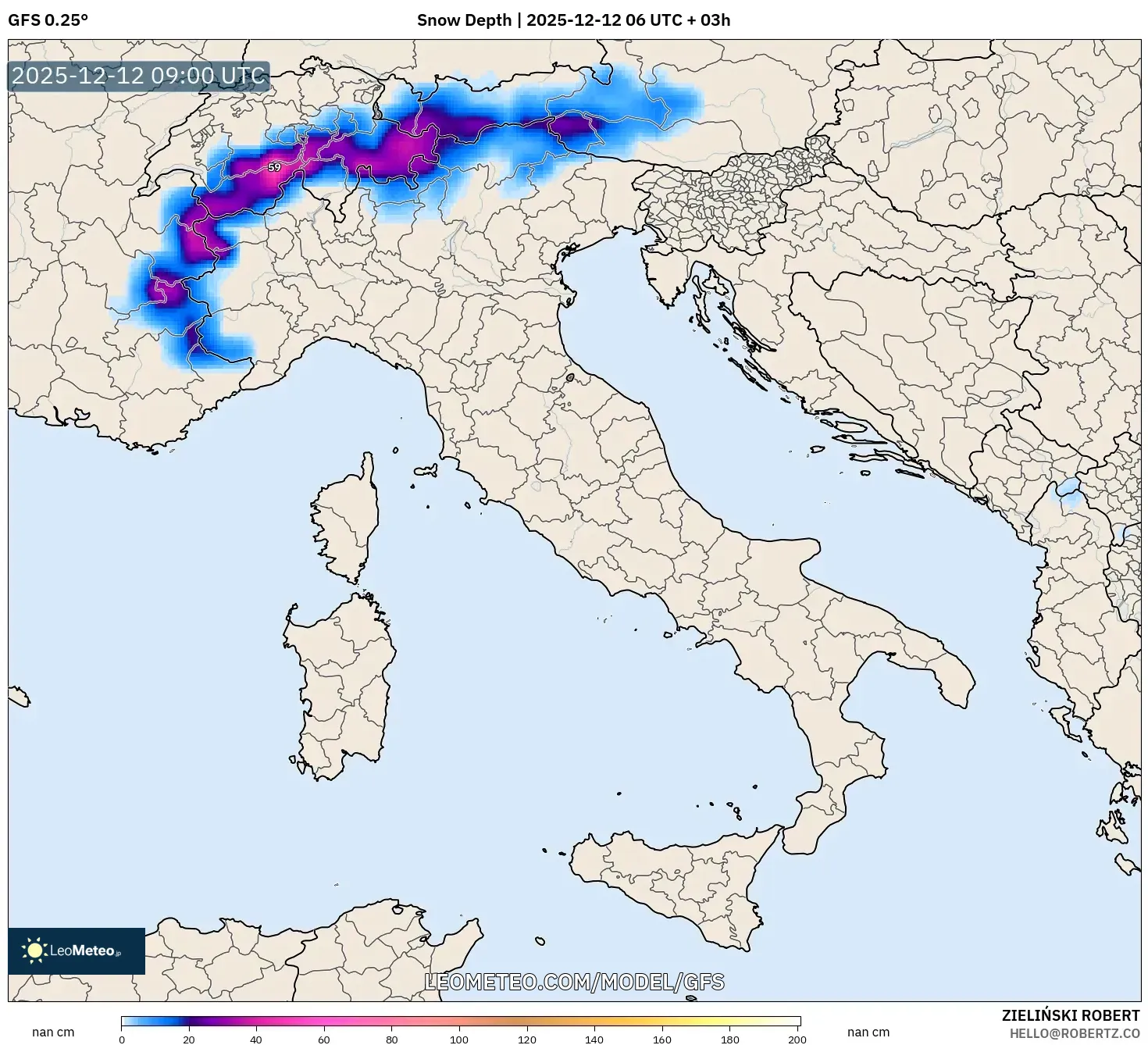 GFS model - Itali, Ketebalan Salji