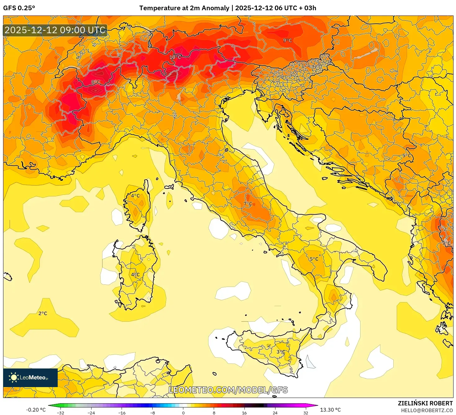 GFS model - Itali, Anomali Suhu 2 m