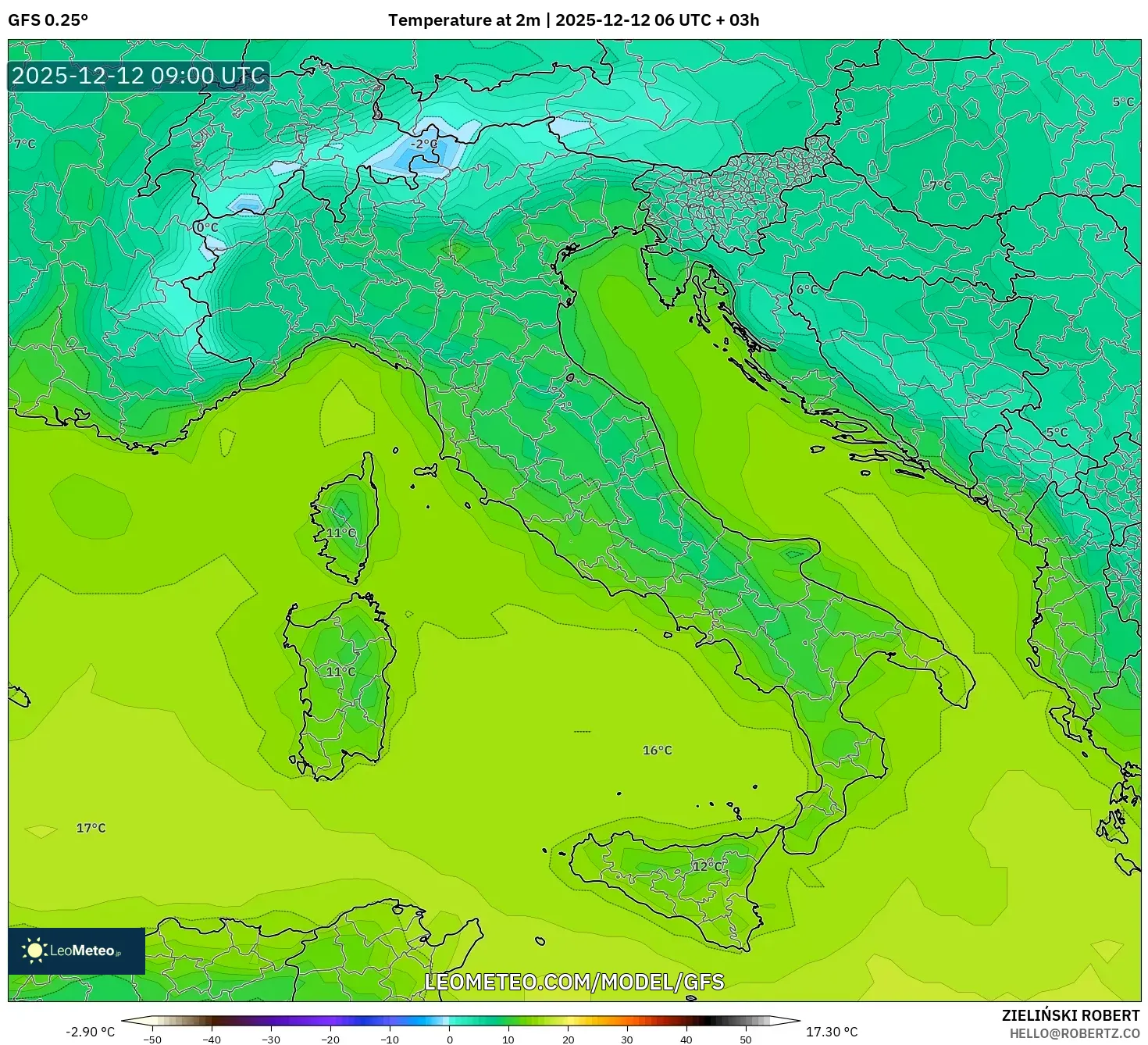 GFS model - Itali, Suhu pada 2 m