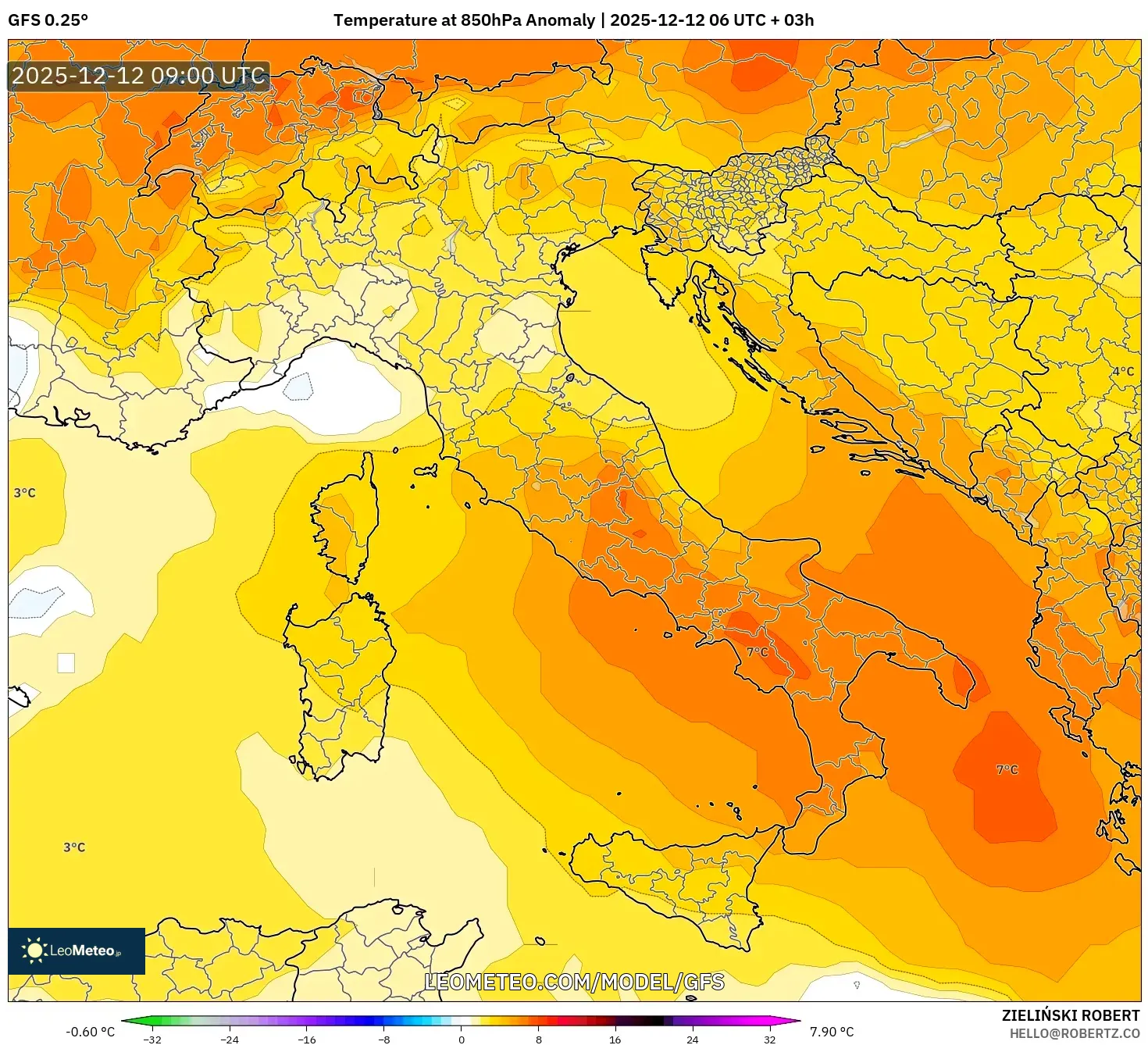 GFS model - Itali, Anomali Suhu 850 hPa