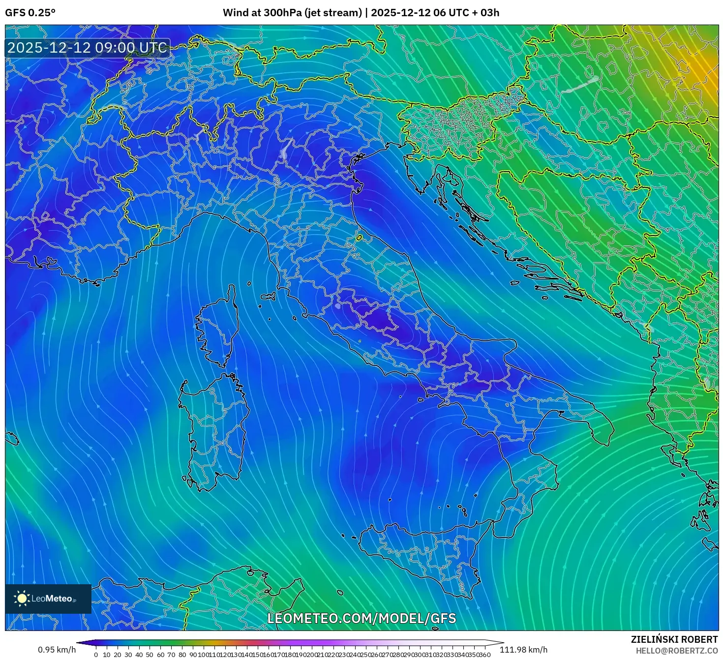 GFS model - Itali, Angin 300 hPa (aliran jet)