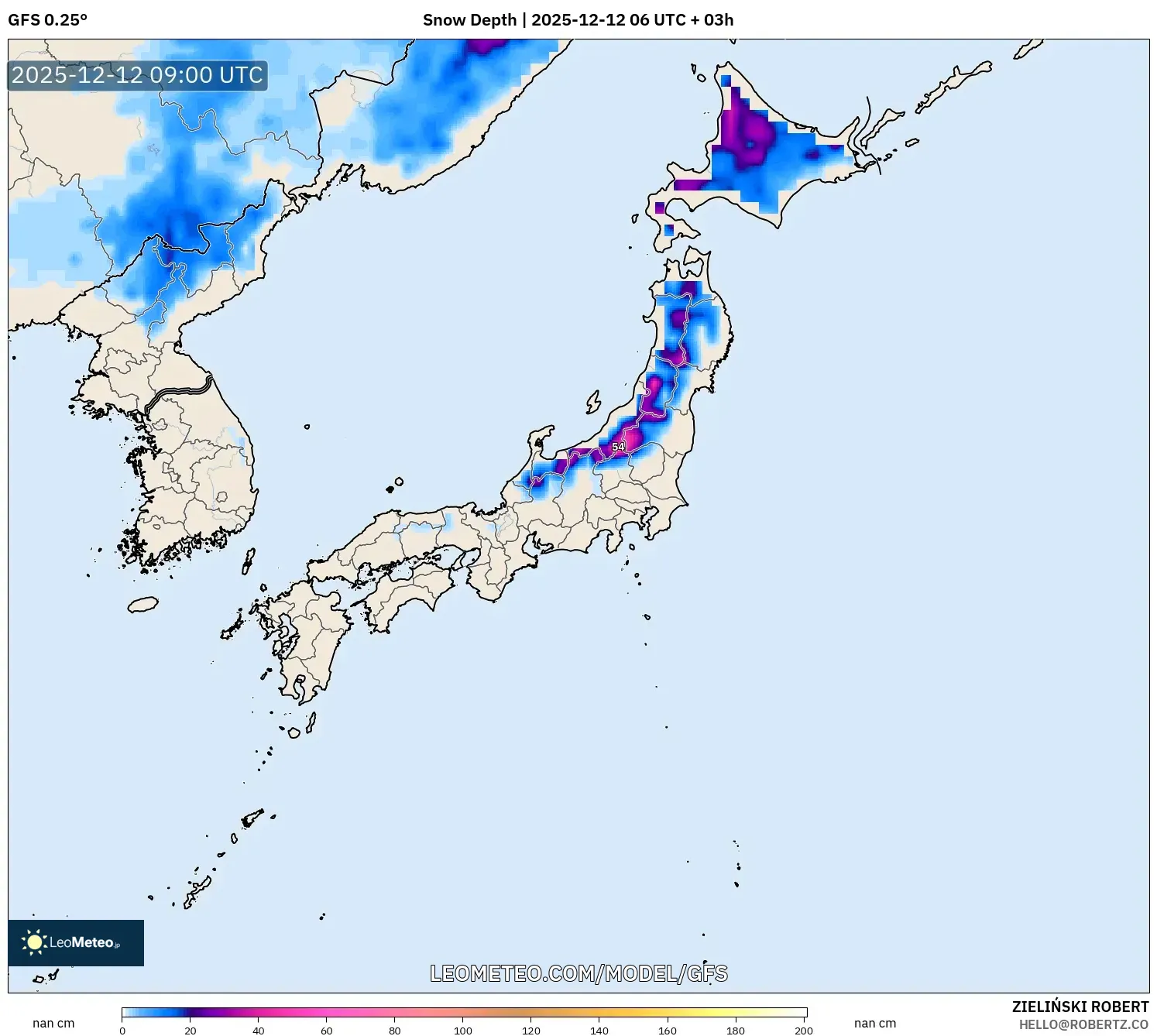 GFS model - Jepun, Ketebalan Salji