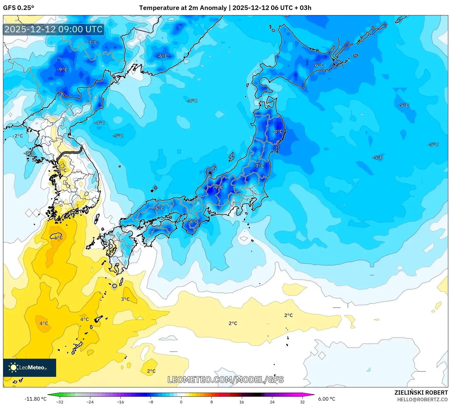GFS model - Jepun, Anomali Suhu 2 m