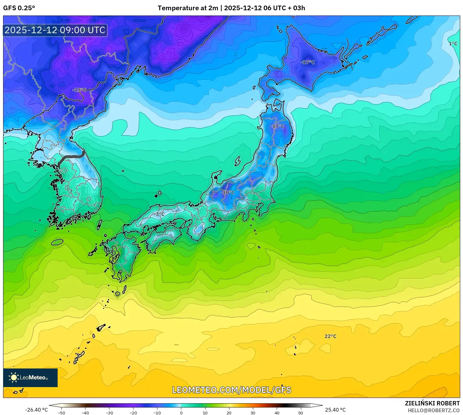 GFS model - Jepun, Suhu pada 2 m