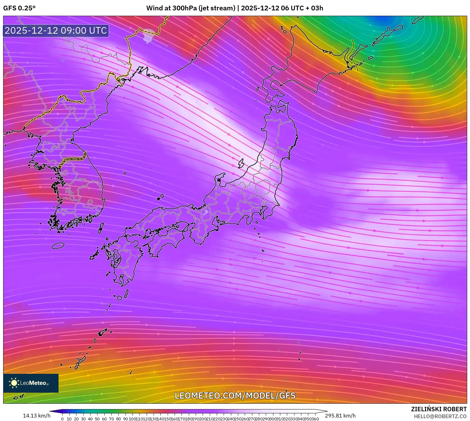GFS model - Jepun, Angin 300 hPa (aliran jet)
