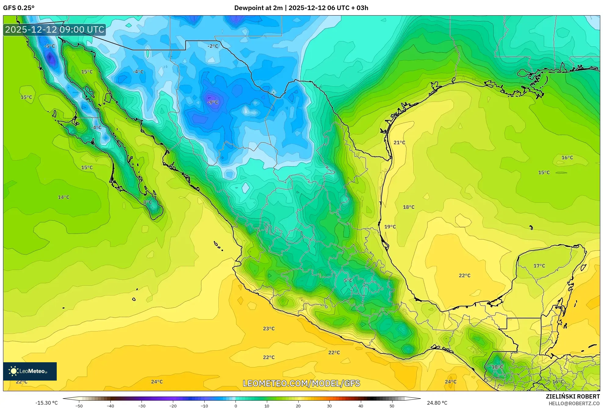 GFS model - Mexico, Takat Embun 2 m