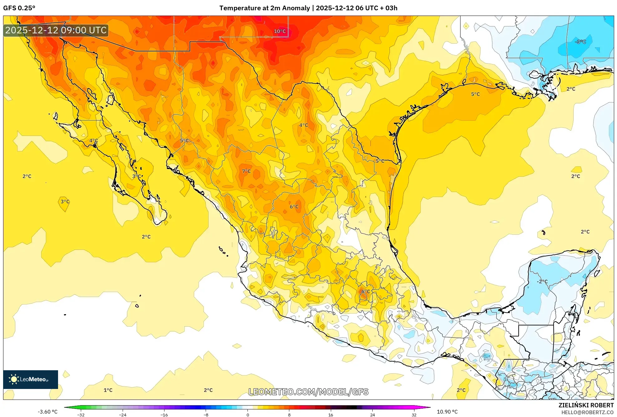GFS model - Mexico, Anomali Suhu 2 m