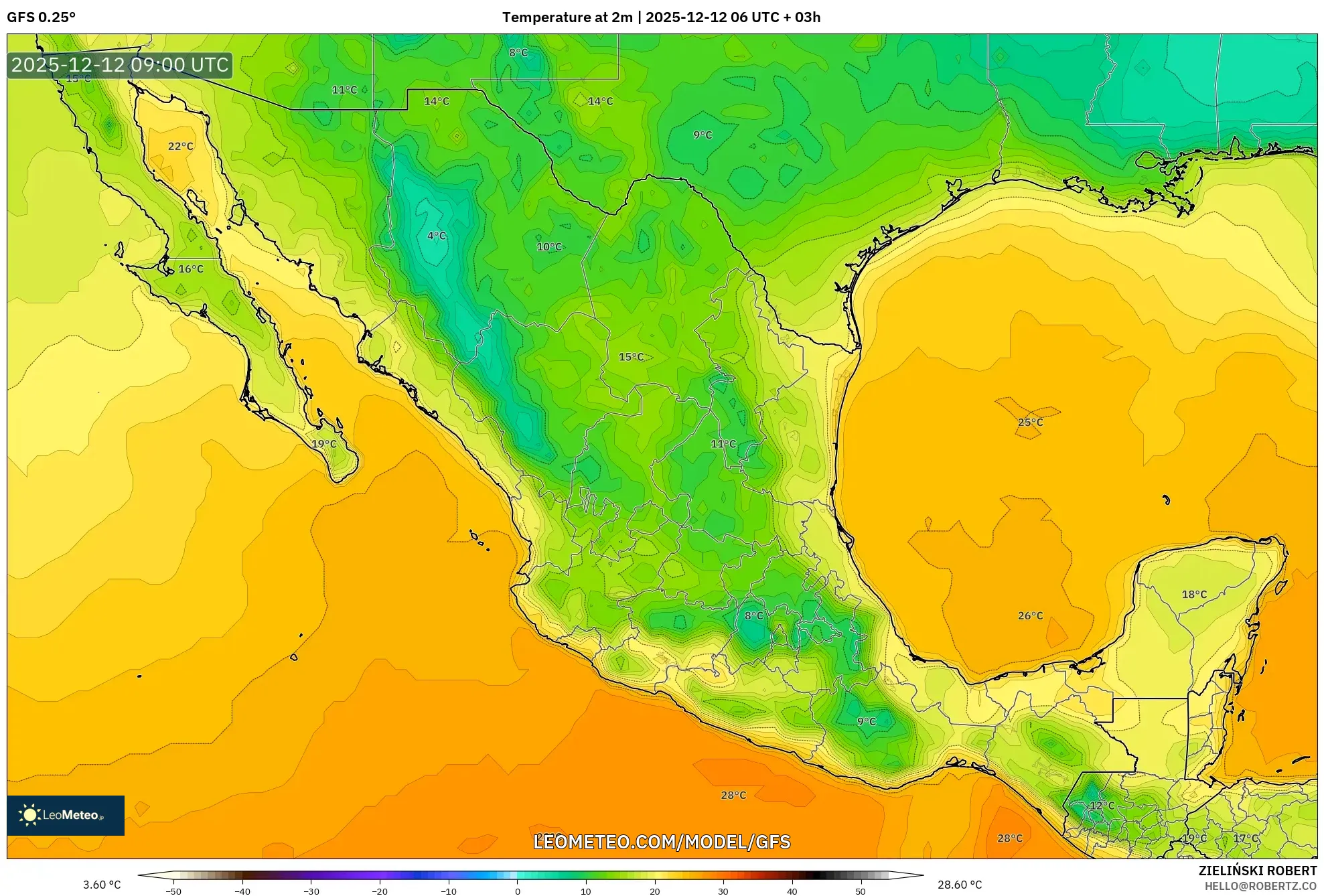 GFS model - Mexico, Suhu pada 2 m