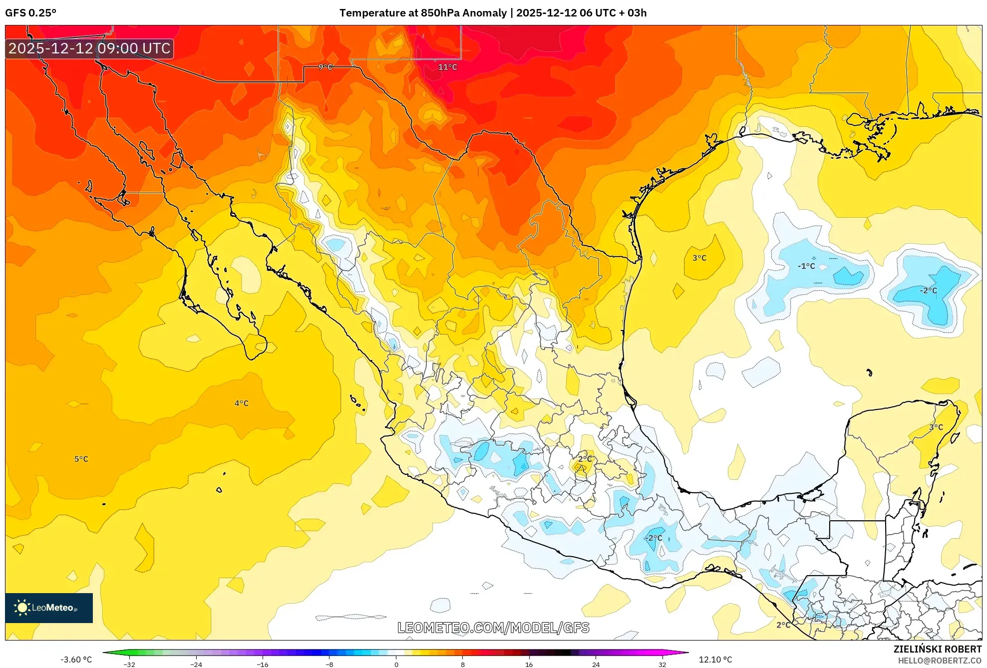 GFS model - Mexico, Anomali Suhu 850 hPa