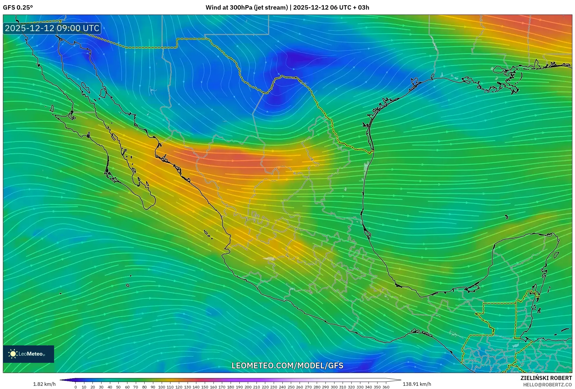GFS model - Mexico, Angin 300 hPa (aliran jet)