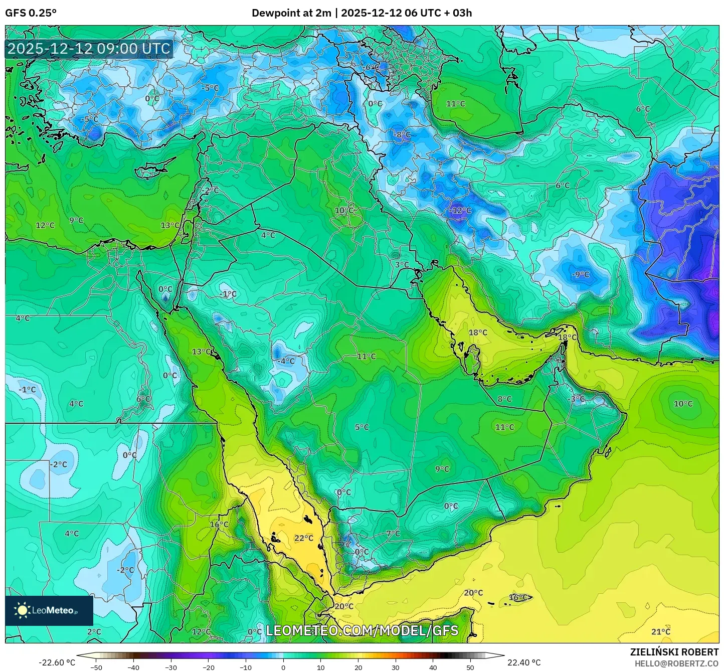 GFS model - Timur Tengah, Takat Embun 2 m