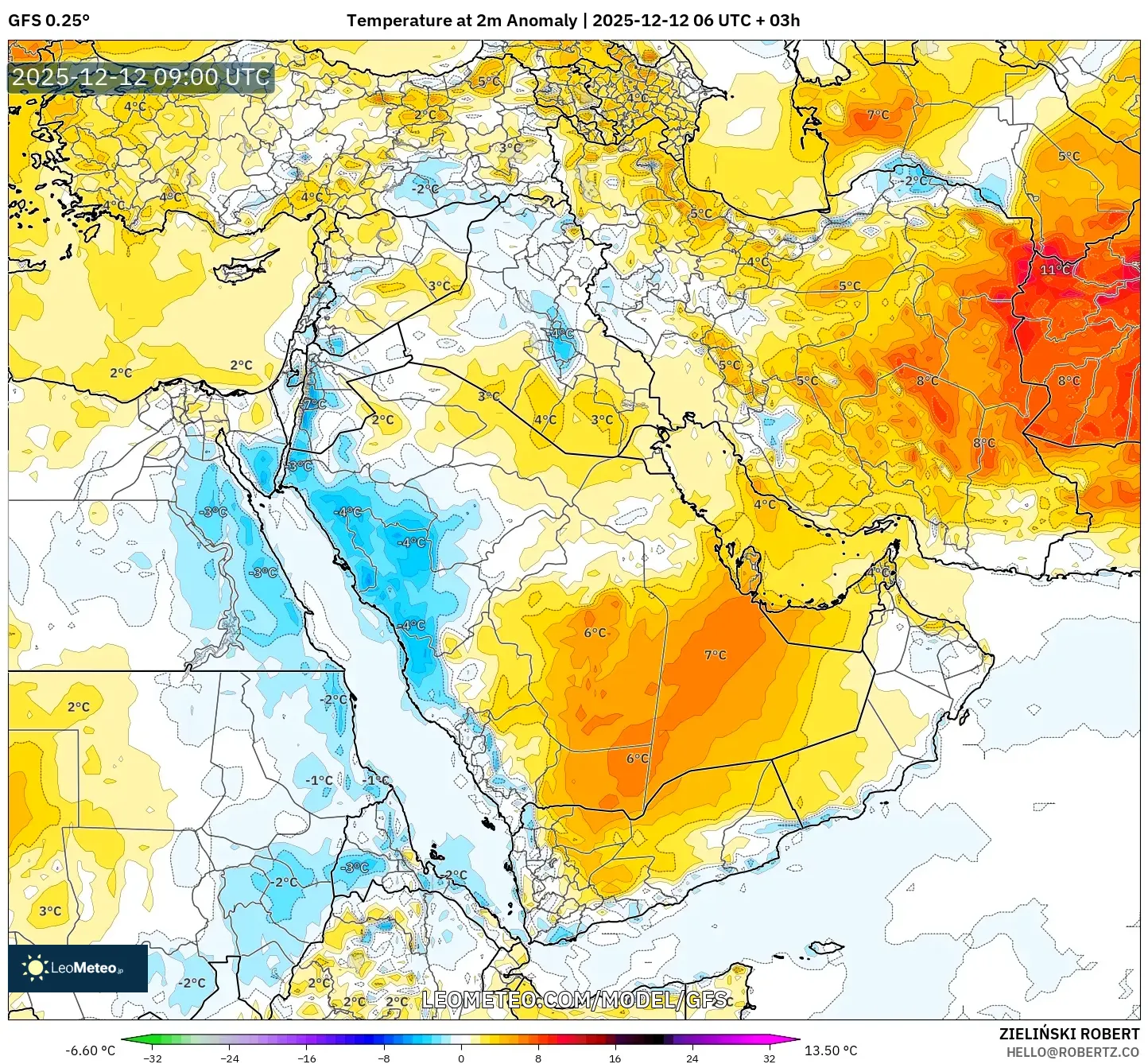 GFS model - Timur Tengah, Anomali Suhu 2 m
